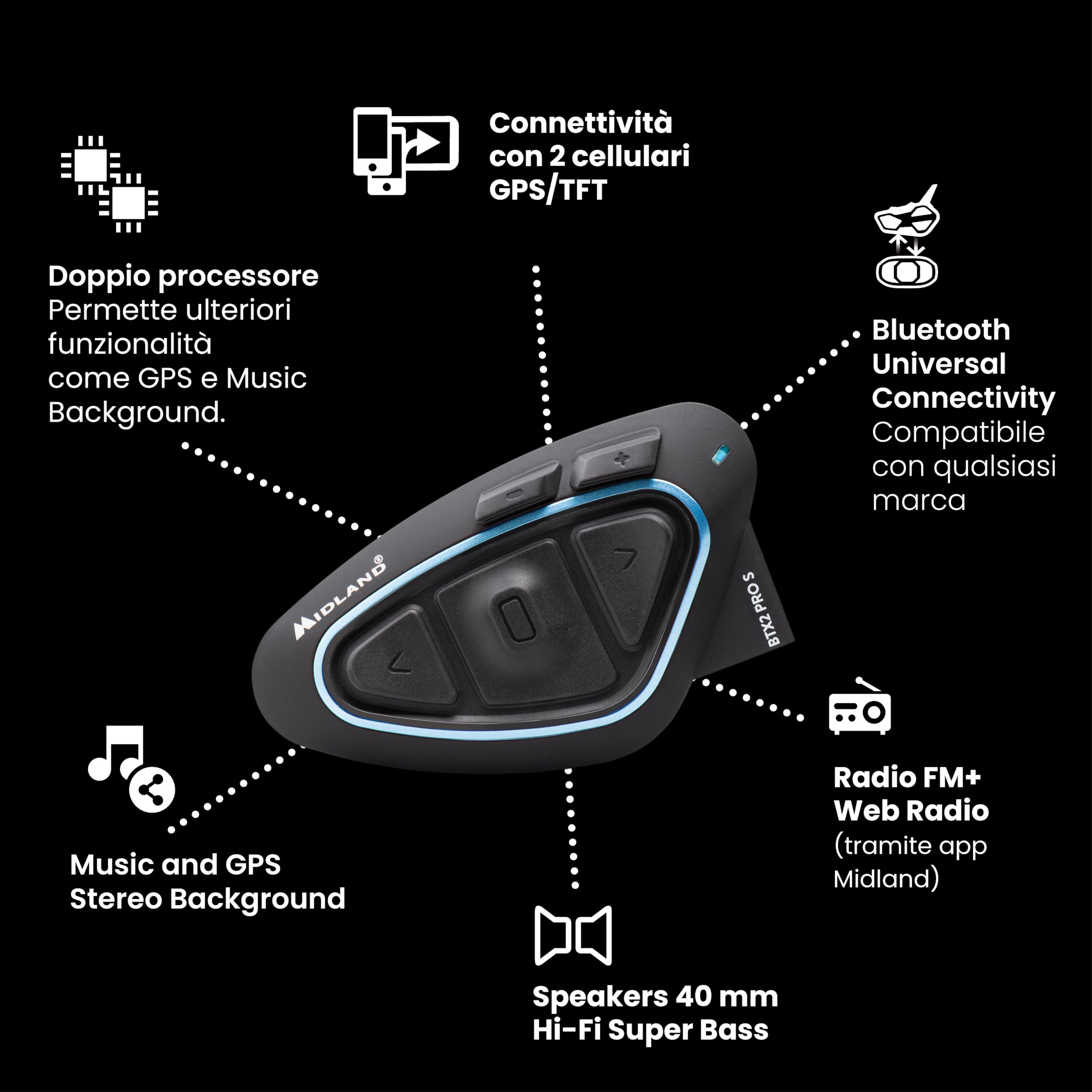 Midland Interfono Moto Bluetooth BTX2 Pro S Singolo, Auricolari Casco Impermeabili IPX6, Doppio Processore BT, 800 m, 4 Coppie, Batteria 23H, Cancellazione Rumore, Audio Hi-Fi