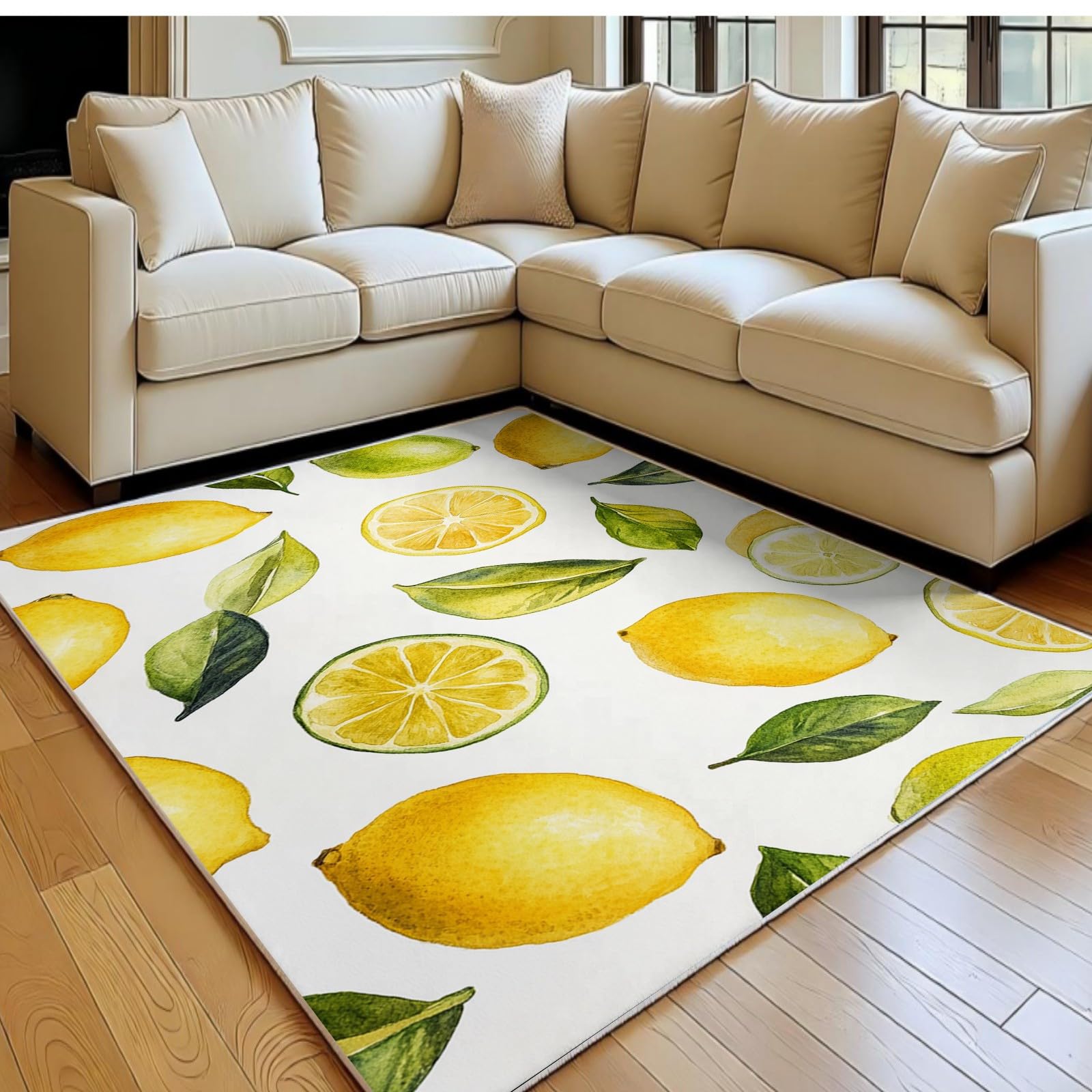Tapis antidérapant et lavable motif citron jaune doux poil ras