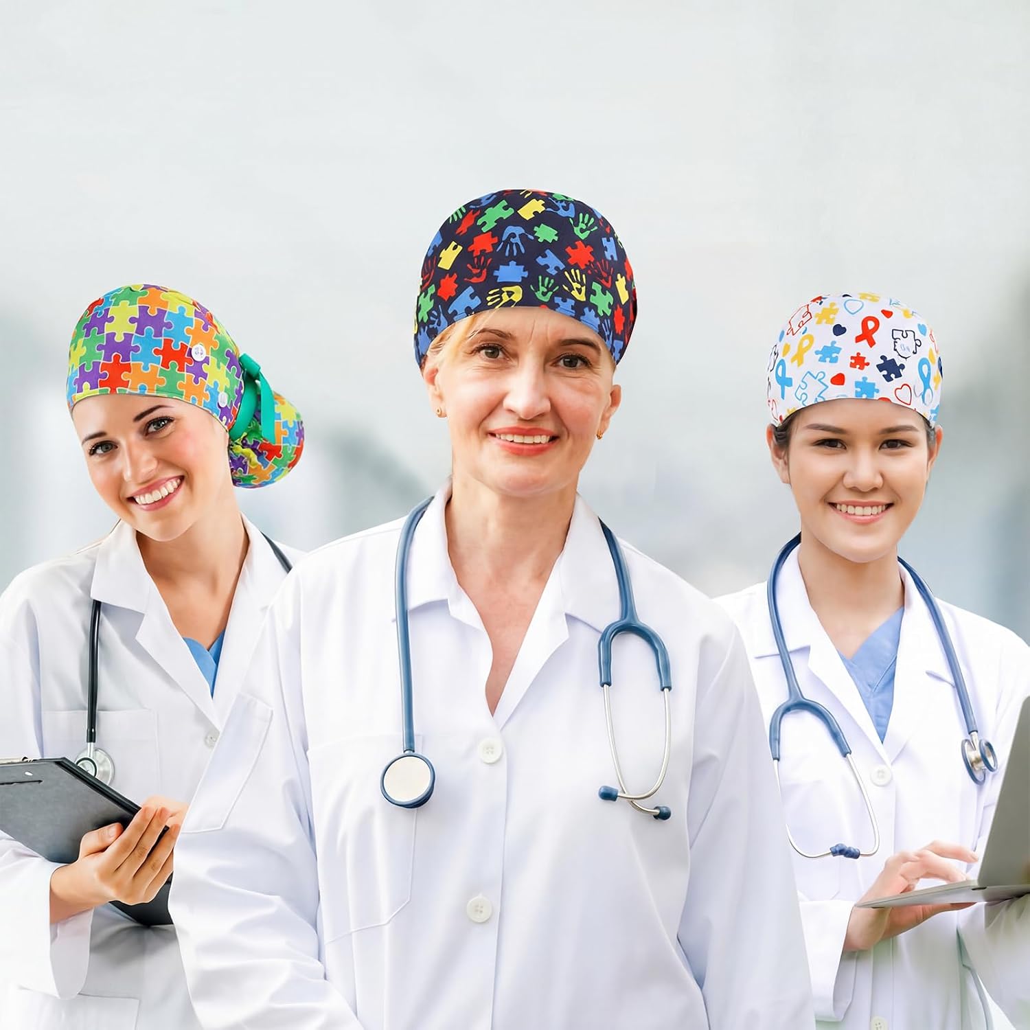 6pcs Autism Awareness Working Cap Scrub Cap with Button Adjustable Ponytail Pouch Hats for Women Autism Awareness Tie Back Hat Nurse Surgical Caps