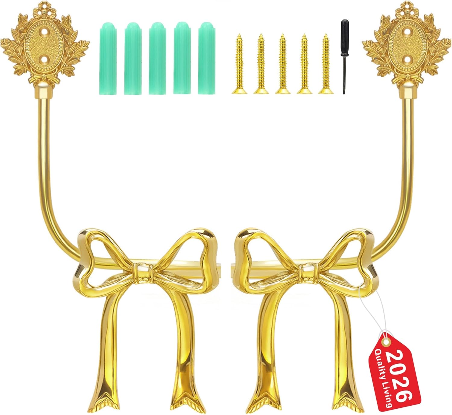 Elegant Handmade Brass Curtain Holdbacks, Gold Bow Tiebacks for Drapes - Vintage Ribbon Style Decorative Wall Hooks, Heavy Duty Drapery Hooks for Living Room & Bedroom