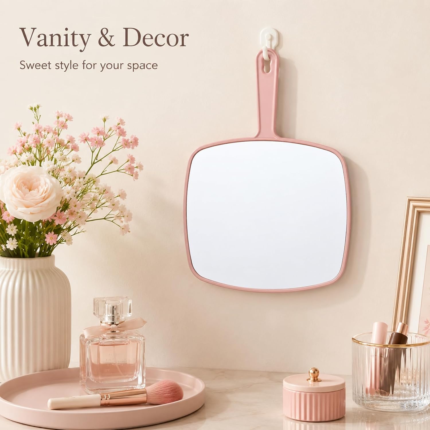 Large Handheld Mirror with Handle Pink Barber Mirror