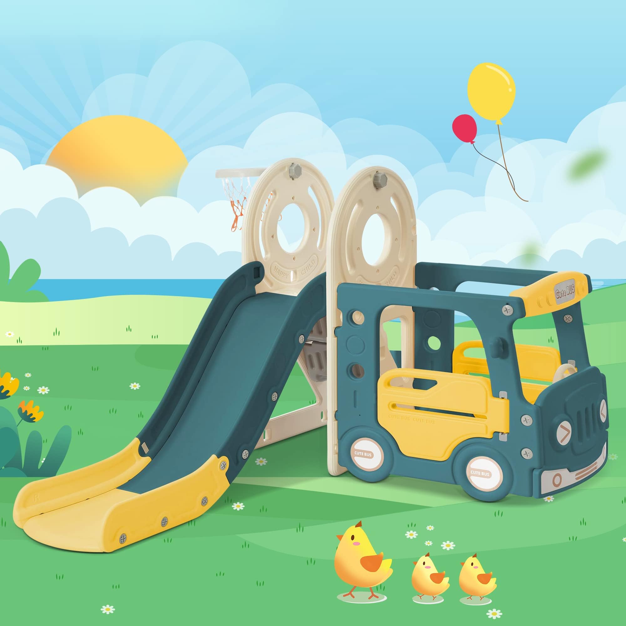 4-in-1 Kids Slide Set with Bus, Slide, Activity Ladder, and Basketball Hoop - Complete Fun Package for Children