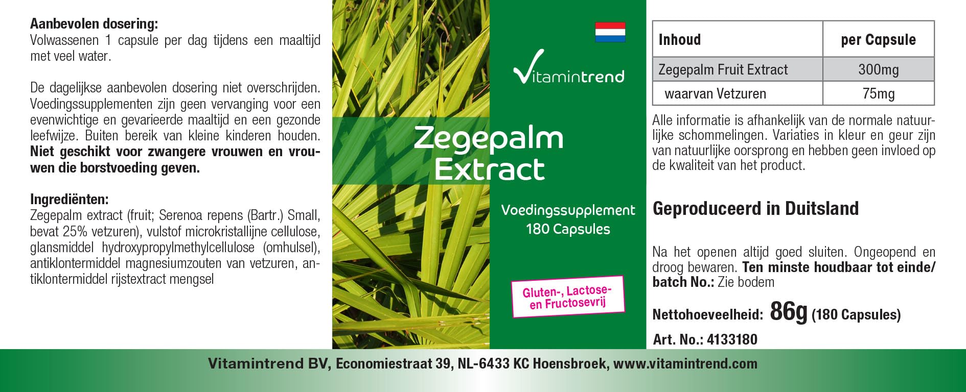 Vitamintrend Extracto de palma enana americana 300 mg, 180 cápsulas, fácil de tragar, complemento alimenticio vegano sin estearato de magnesio, fabricado en Alemania