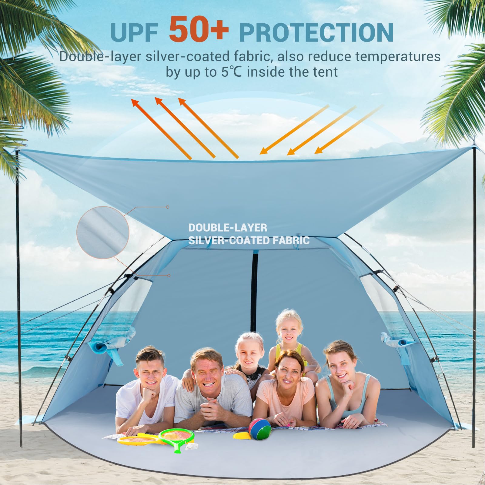 Elegear Namiot Plażowy Dla 6–8 Osób, Namiot Przeciwsłoneczny Z Bardzo Dużym Daszkiem, Ochrona UV UPF 50+, Parasol Plażowy Z Rozkładaną Werandą, Przenośny I Łatwy W Montażu Na Plażę, Niebieski
