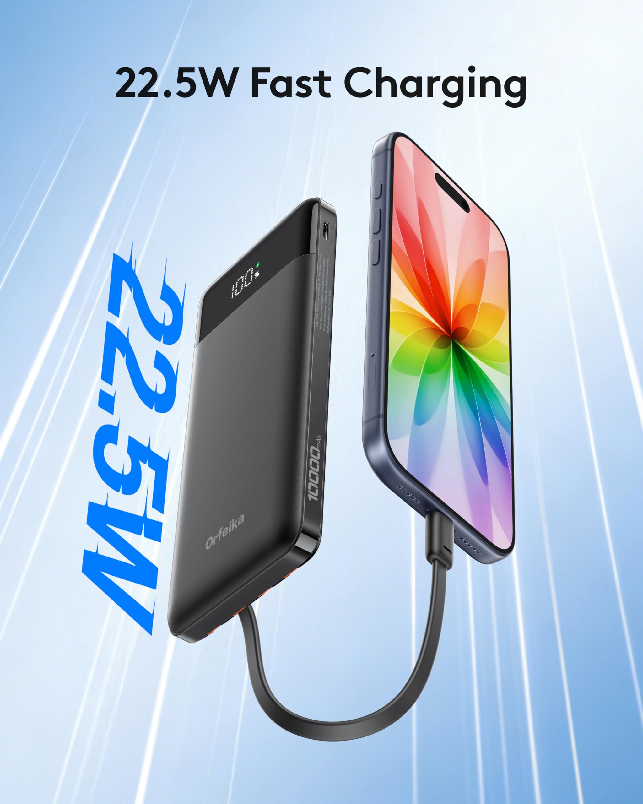 Orfeika Caricabatterie portatile per telefono, 10000 mAh, caricabatterie portatile con cavi integrati, batteria essenziale da viaggio, compatibile con iPhone, Samsung, Google, iPad, tablet, ecc