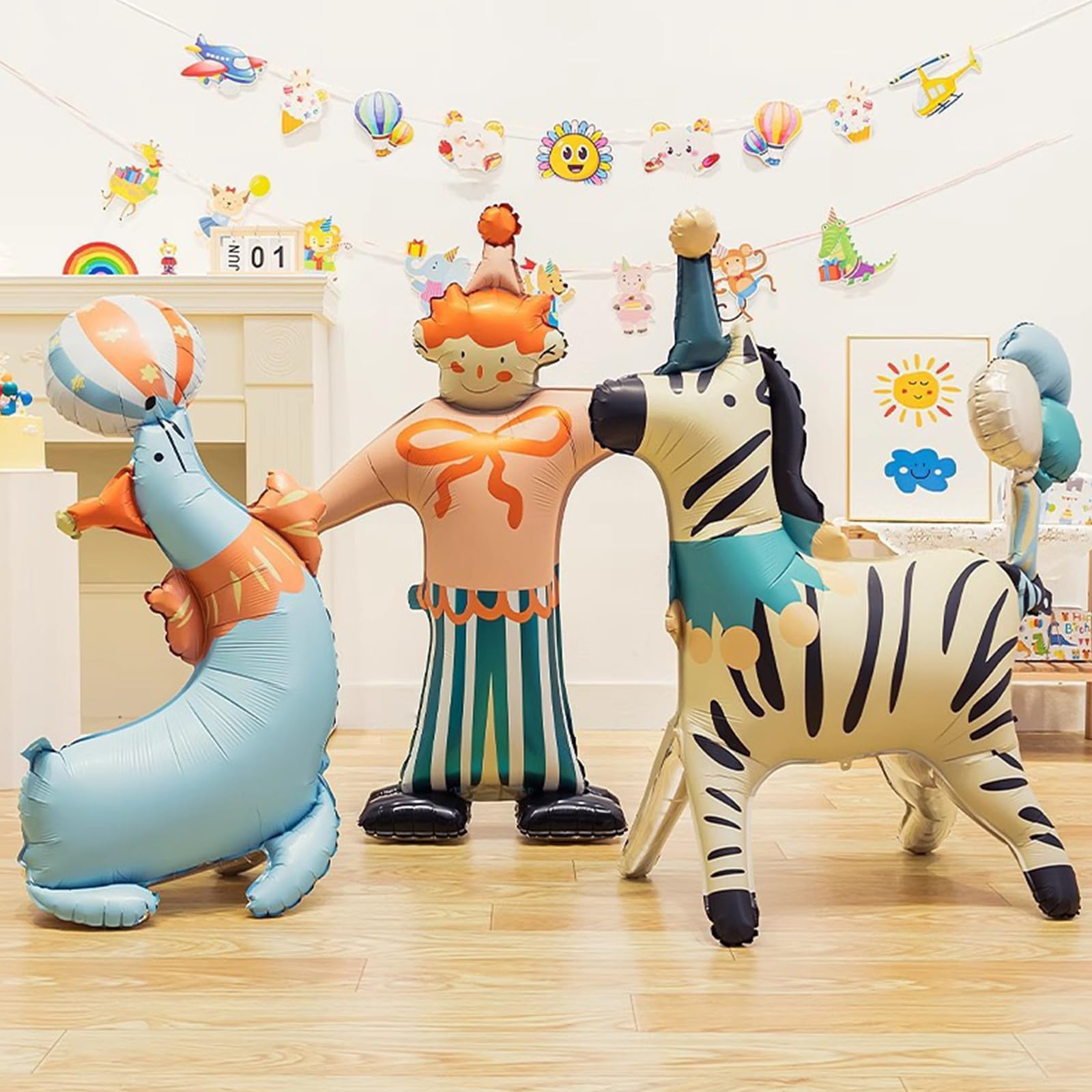 Juego de 5 globos de aluminio de pie con animales de circo, carrusel, león, cebra, león marino, payaso, decoración de fiesta temática de carnaval, para niños, cumpleaños, aula, evento de