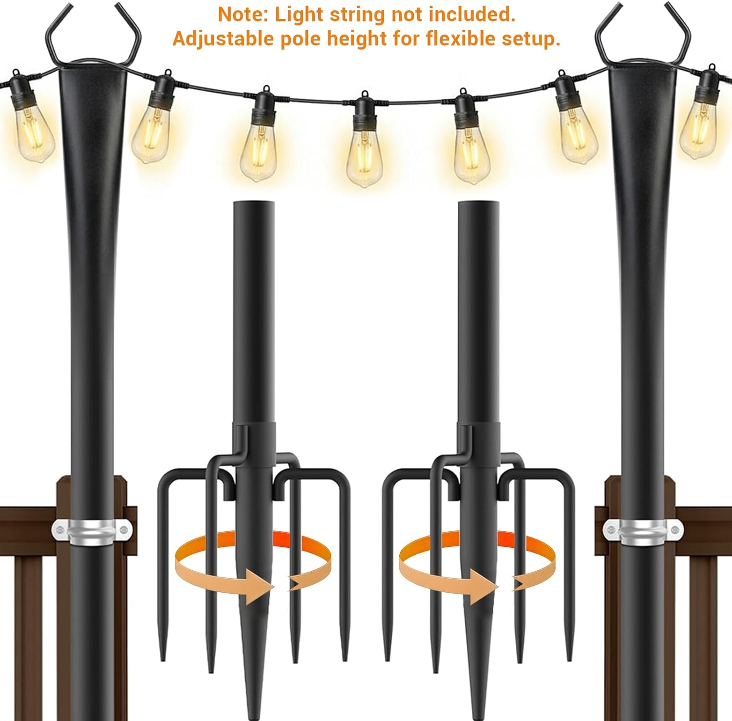 10FT String Light Poles, Heavy Duty Outdoor Light Pole Stand, 5-Prong Reinforced Steel Base, Anti-Rust, for Patio Garden Deck, Support Bistro & Edison Bulb Lights (2 Pack)