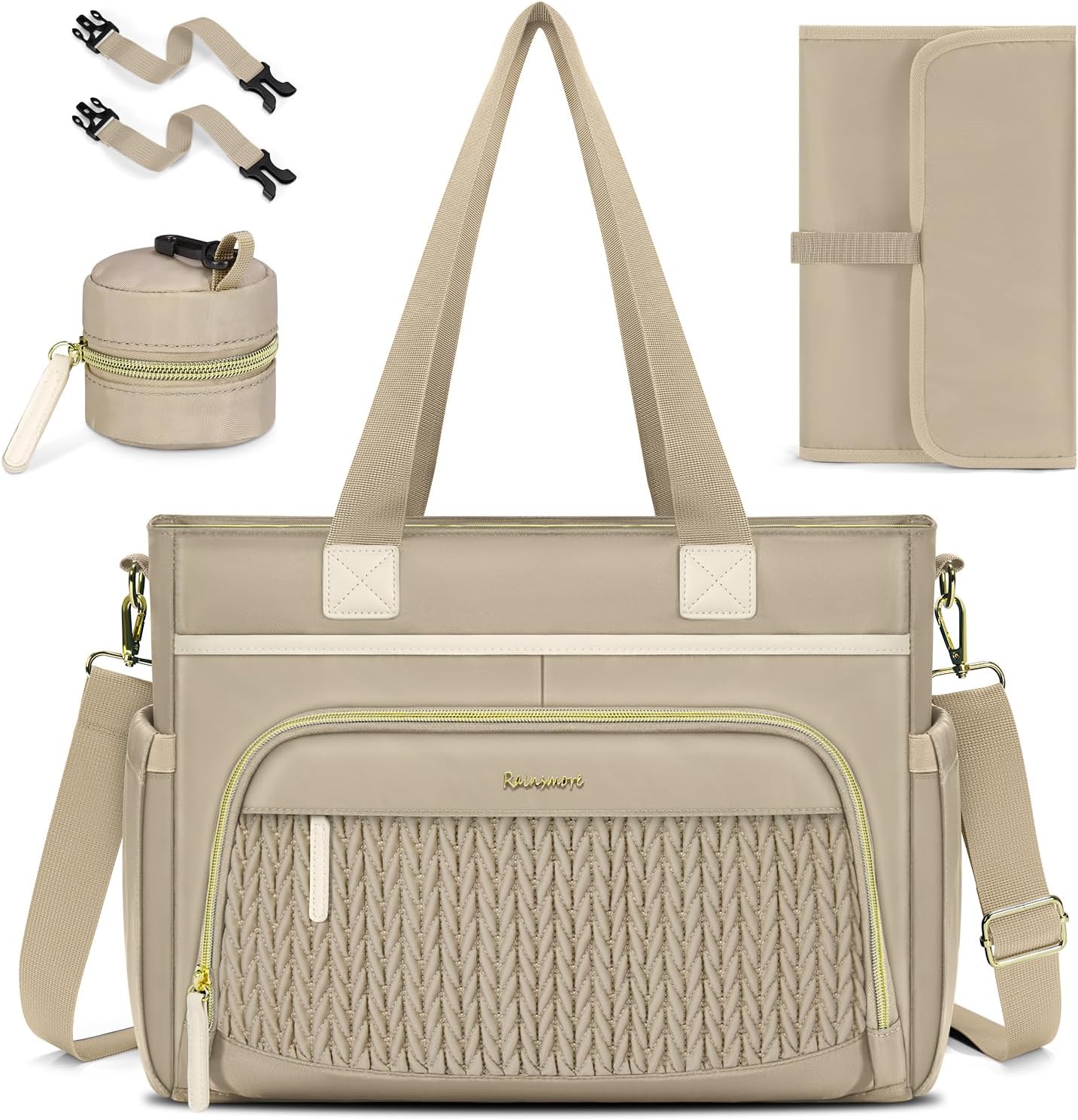 RAINSMORE Diaper Bag Tote, Large Diaper Baby Bag Waterproof Multifunctional Diaper Bag with Pacifier Case & Changing Pad