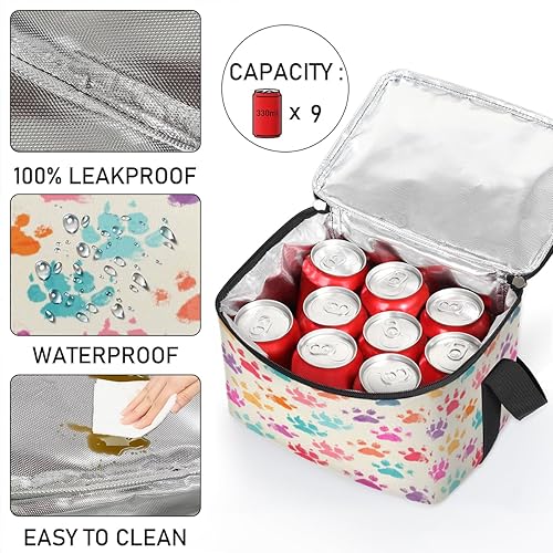 Miniatura 5 de QsirBC Bolsa de almuerzo aislada con diseño de patas de animales coloridas, bolsa de almuerzo reutilizable para adultos y hombres, hielera para el