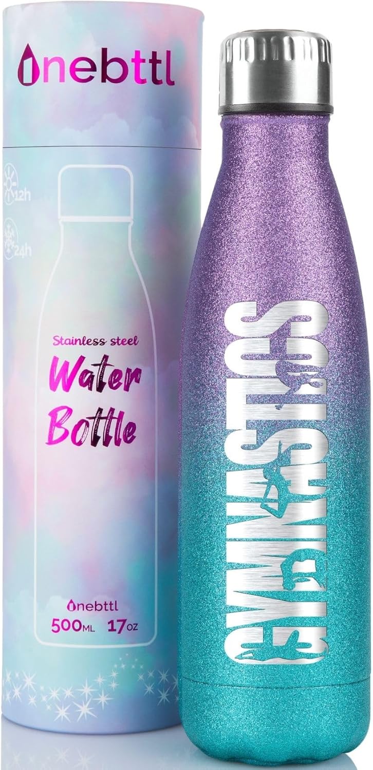 Onebttl Gymnastics Gifts for Girls 8-10, Gymnastic Water Bottle for Coach, 17oz Vacuum Insulated Water Bottle, Glitter Blue & Purple