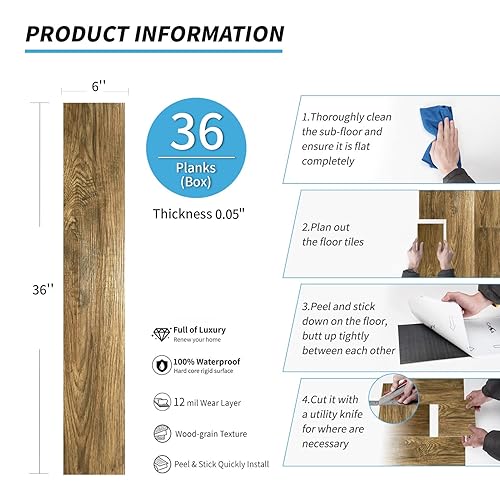 Miniatura 5 de Art3d Paquete de 36 baldosas de vinilo de 54 pies cuadrados para despegar y pegar, aspecto de madera, adhesivo e impermeable para dormitorio, sala