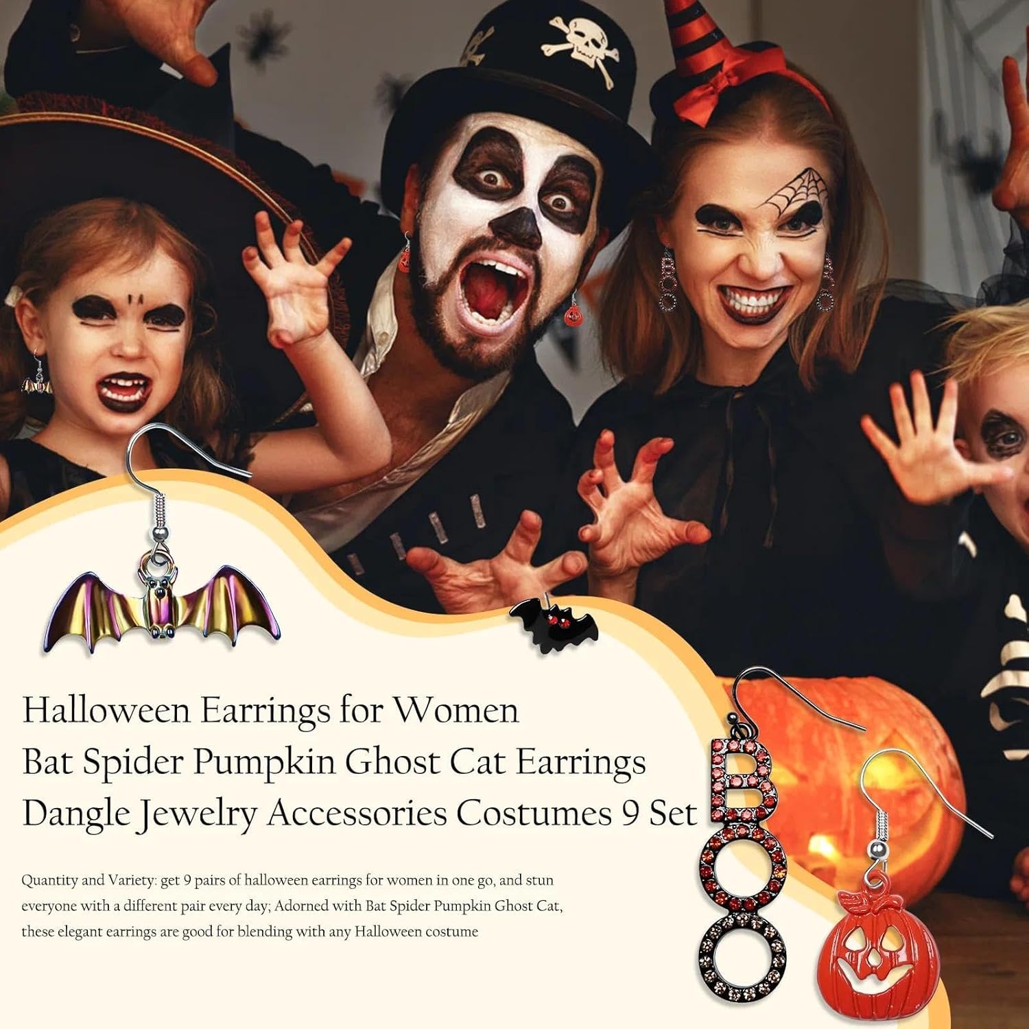 Halloween Earrings for Women, Bat Spider Pumpkin Ghost Cat Earrings Dangle Jewelry Accessories Costumes 9 Set - Image 3