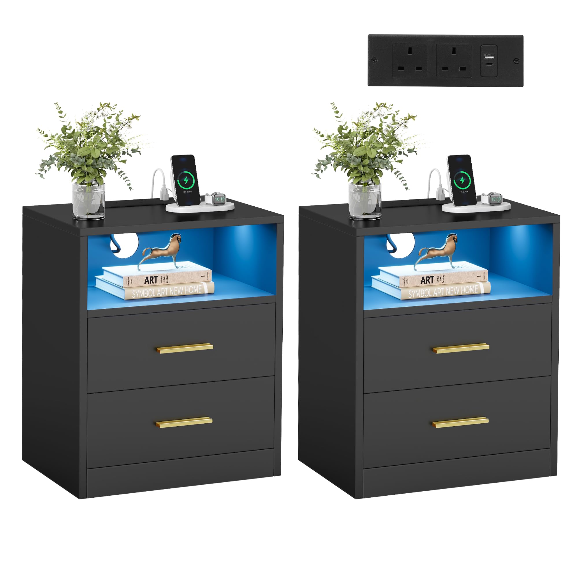 VASAGLE CUSTOS Collection - Set of 2 Bedside Tables with Charging Station, LED Lights, Modern Side End Tables with Drawers, Open Shelf, 2 AC Outlets USB Ports, Ink Black LET829BC02