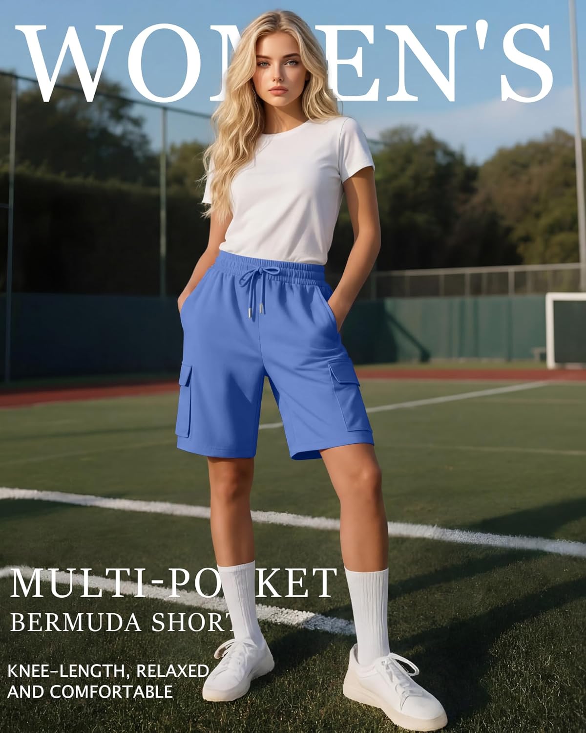 Neer 3 Pack Women's Bermuda Shorts Cargo Elastic Drawstring Knee Length Shorts Casual Loose Yoga SweatShorts with 4 Pockets - Image 3