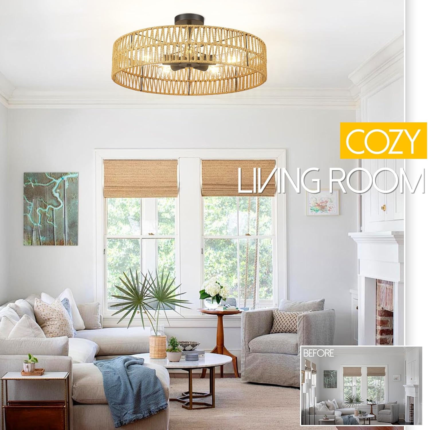 Hamilyeah 24 inch Rattan Boho Flush Mount Ceiling Light Fixture with 5 Light,Woven Light Fixtures Ceiling Mount for Living Room, Bedroom, Kitchen