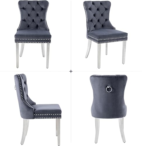 Miniatura 10 de Juego de 2 sillas de comedor, sillas de terciopelo copetudas con patas modernas de acero inoxidable, anillo de metal con ribete de remache, respaldo