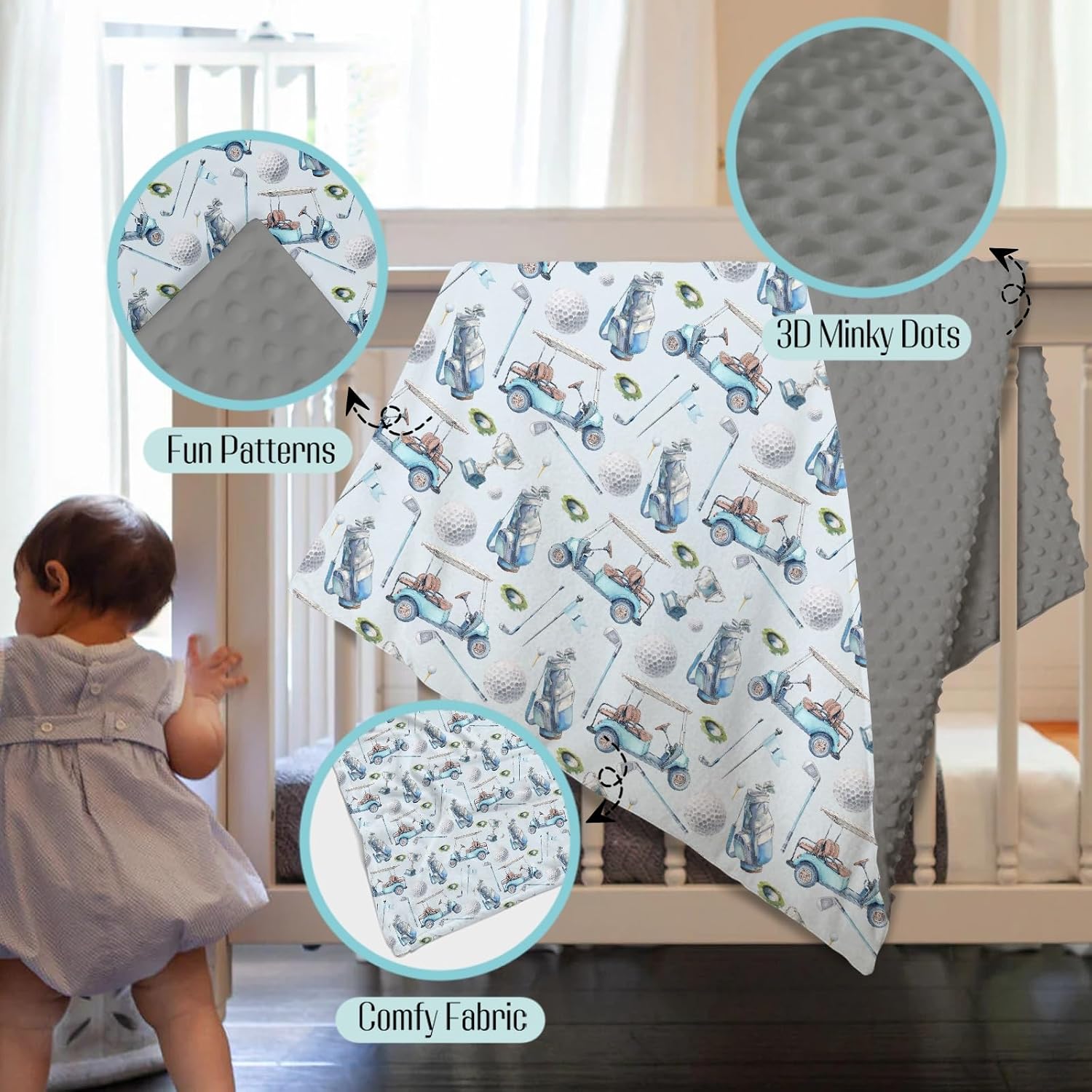 Mink Baby Boy Blankets Blue Golfing Sport Game, Golf Gear Ball Glove Car Stick Soft Double Layer Dotted Backing Receiving Swaddle, Newborn Infant Toddler Nursery Crib Bedding Shower Gift 30x40