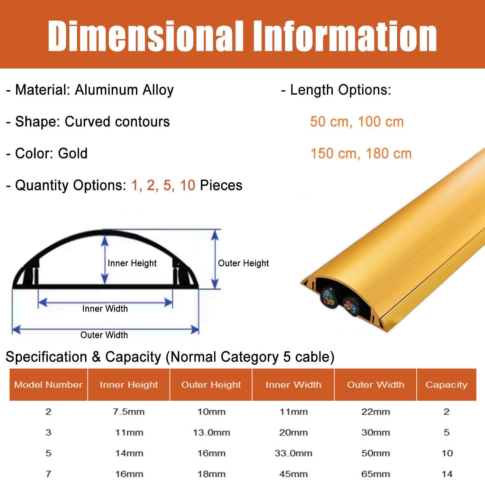 canalina passacavi muro Copertura per canalina per cavi spessa color oro 22 30 50 65 mm larghezza esterna, coperture per fili in alluminio legato per cavi(10 PCS,W 50 MM L 50 CM)