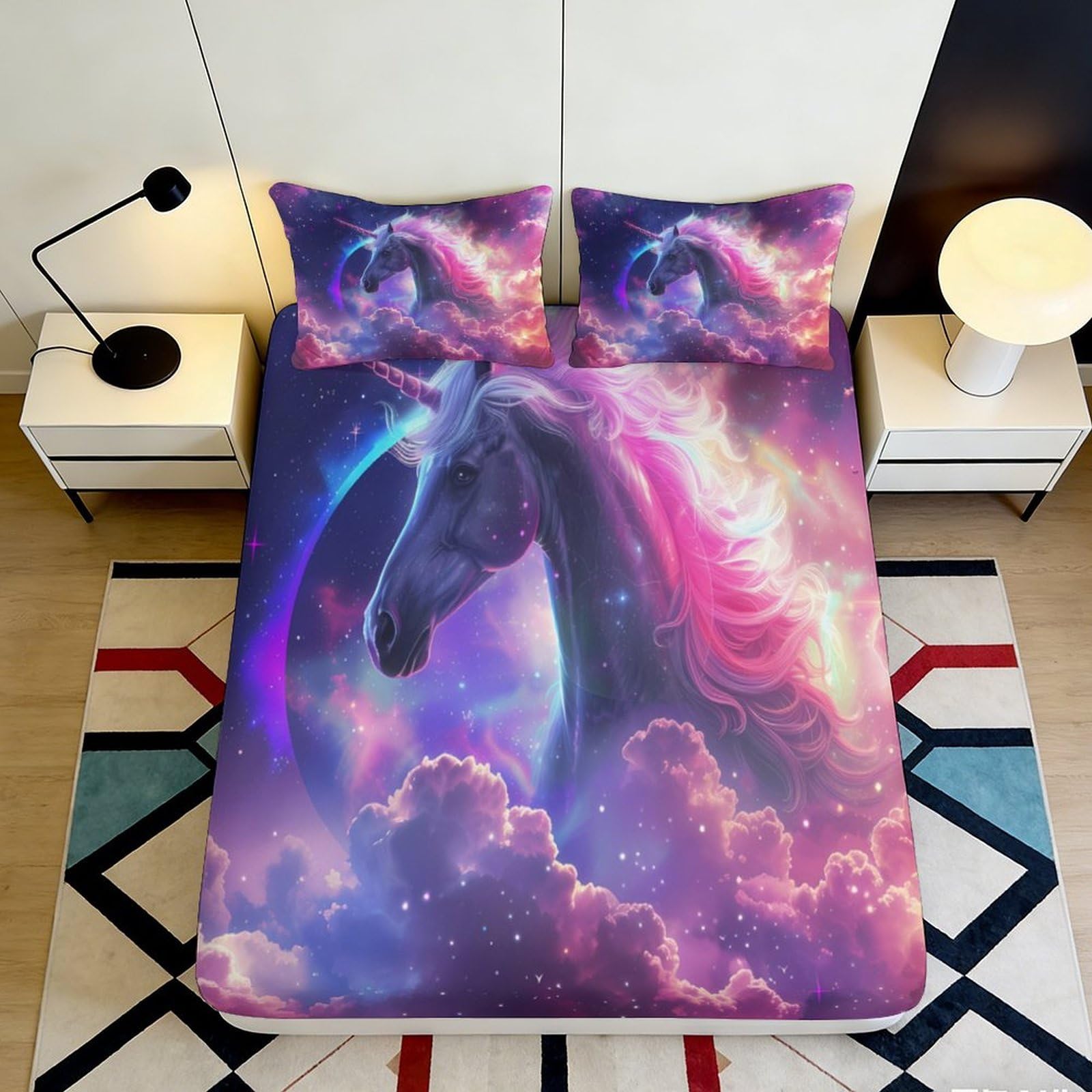 3D Printed Fantasy Unicorn Fitted Sheet Microfiber Soft Breathable Cosmic Dream Mattress Cover for Bedroom Decor 90x200x25cm