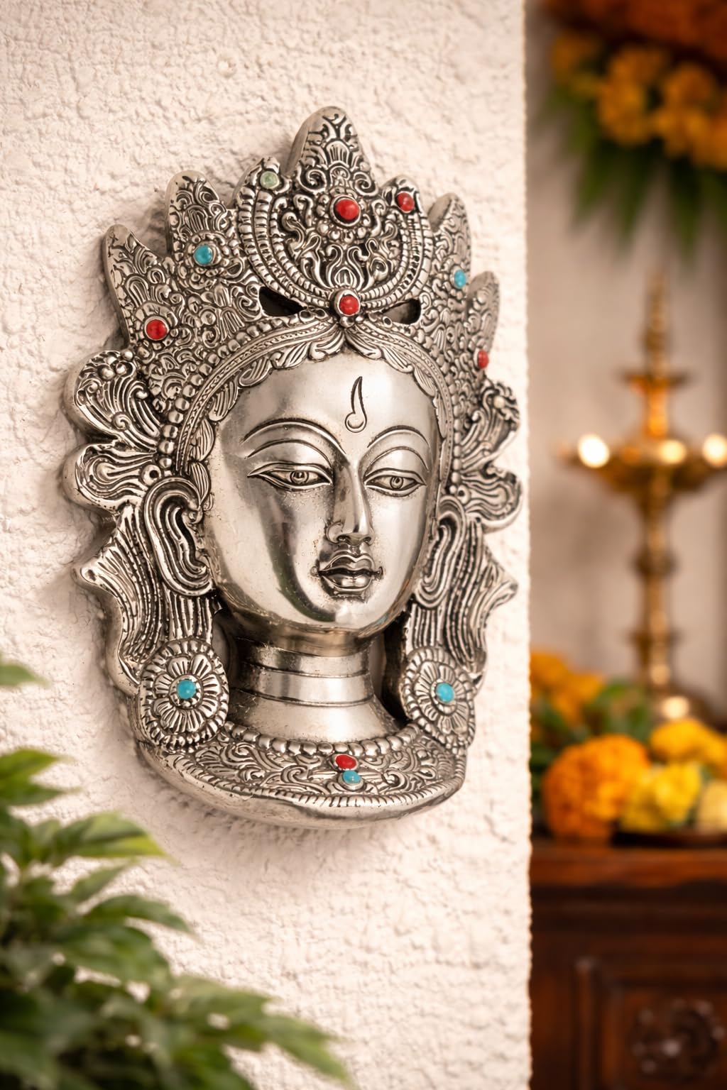 IBA Indianbeautifulart Handcrafted Taara Devi Face Wall Hanging Sculpture - Brown Metal Decorative Showpiece, Perfect For Home, Office, Temple Decor, And Navratri Gifts, Hindu Religious Wall Art