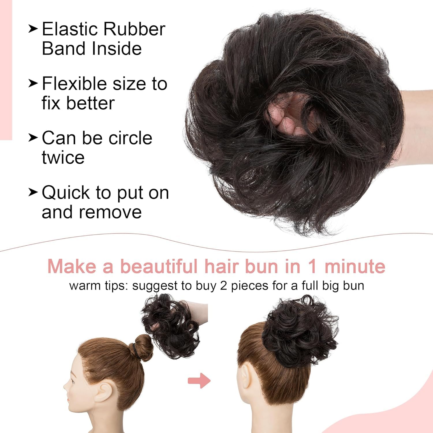 SEGO Human Hair Messy Bun Hair Scrunchies Curly Wavy Hair Piece Real Remy Donuts Updo Chignon For Women Girls,#1B Natural Black - Image 4