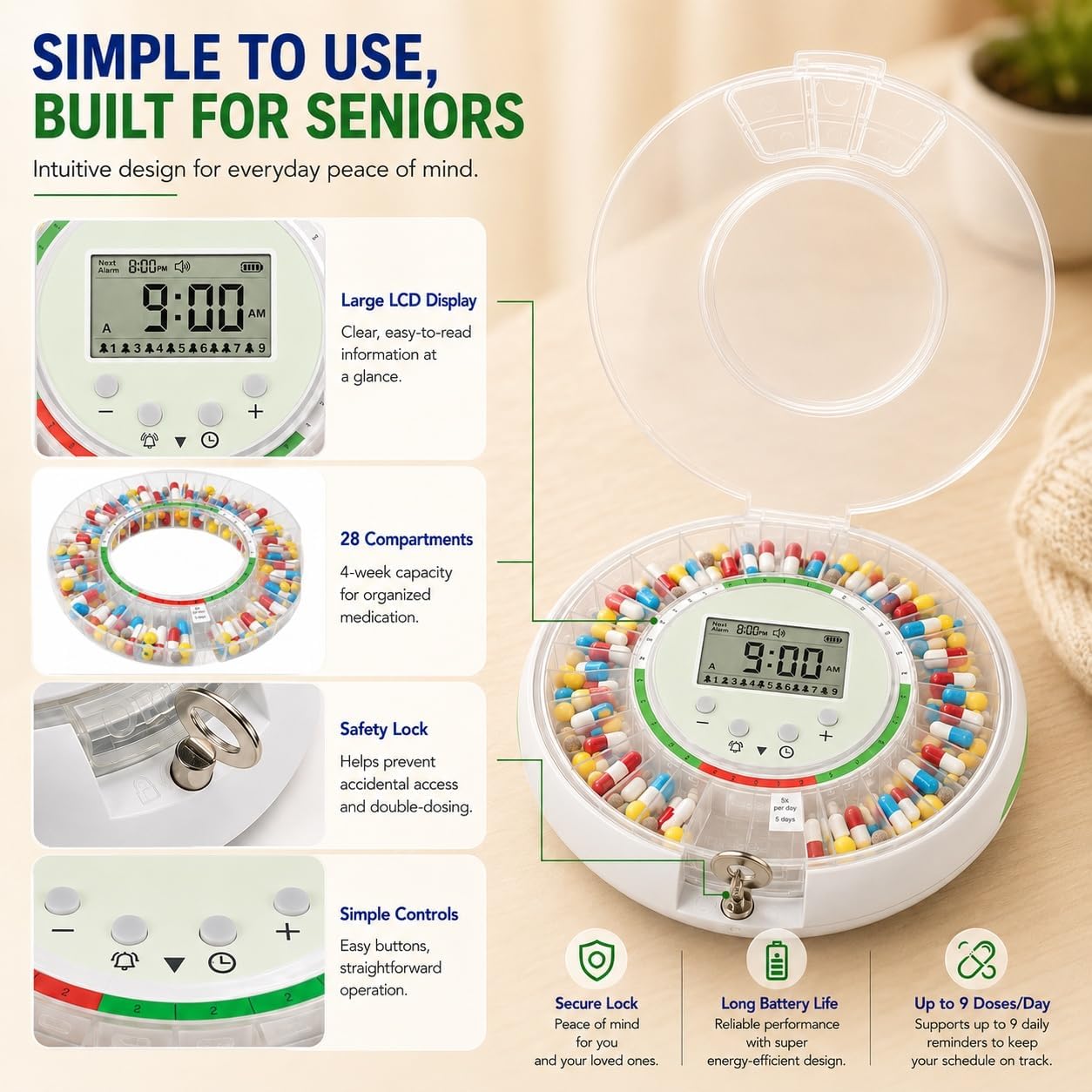 Automatic Pill Dispenser with 9 Alarms & Front Key Lock for Seniors