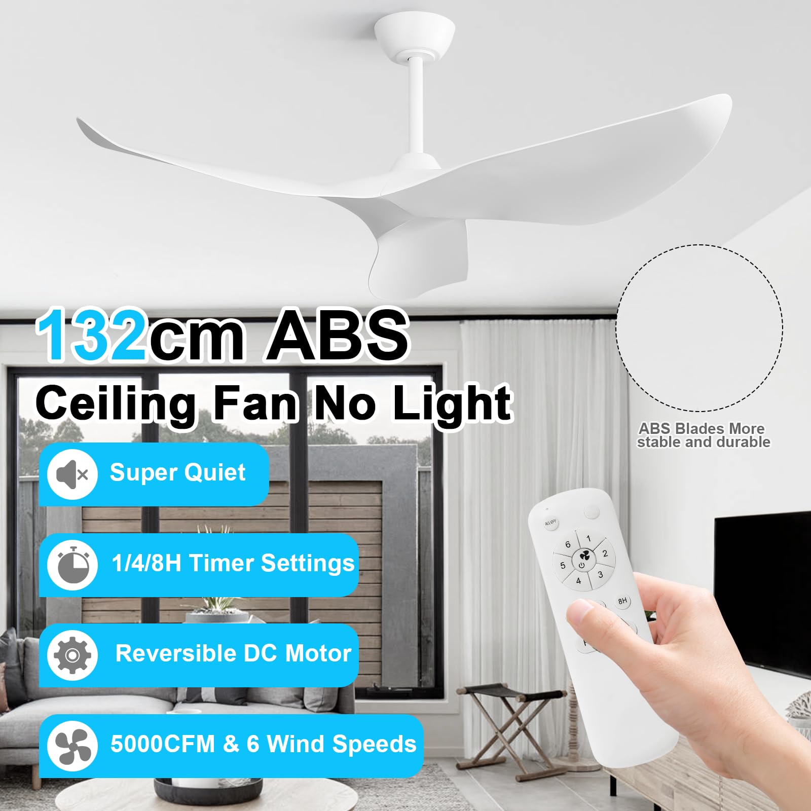 Sofucor Ventilatore da Soffitto 132 cm, Silenzioso Ventilatore da Soffitto per Camera da Letto, 3 Pale, 6 Velocità, Timer, Motore DC, Funzionamento Estivo Invernale