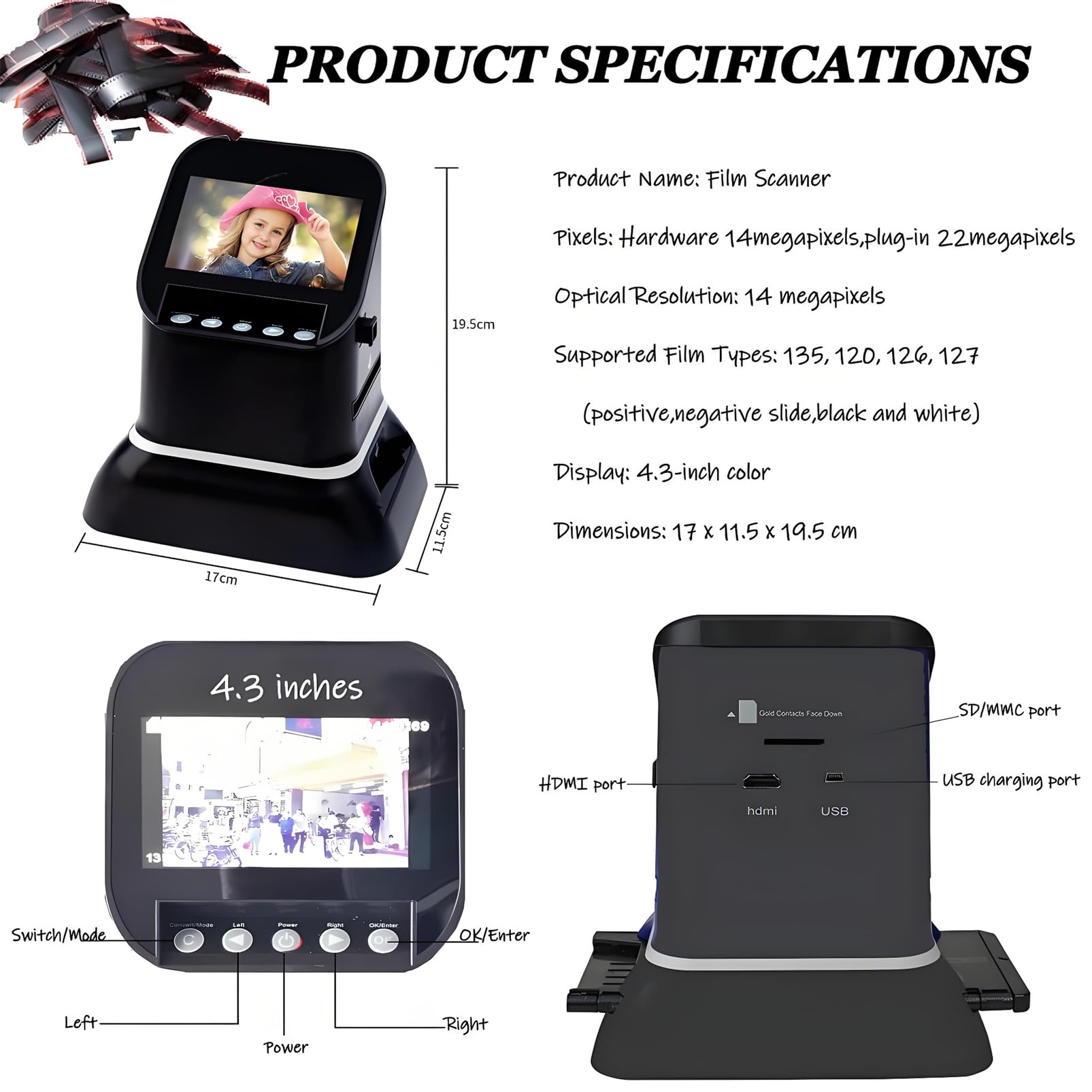 Scanner per pellicole 120 ad alta risoluzione 22 Mega pixel Scanner per foto negative per diapositive Digital 35mm 135 Convertitore per pellicole 126KPK 4.3 "LCD