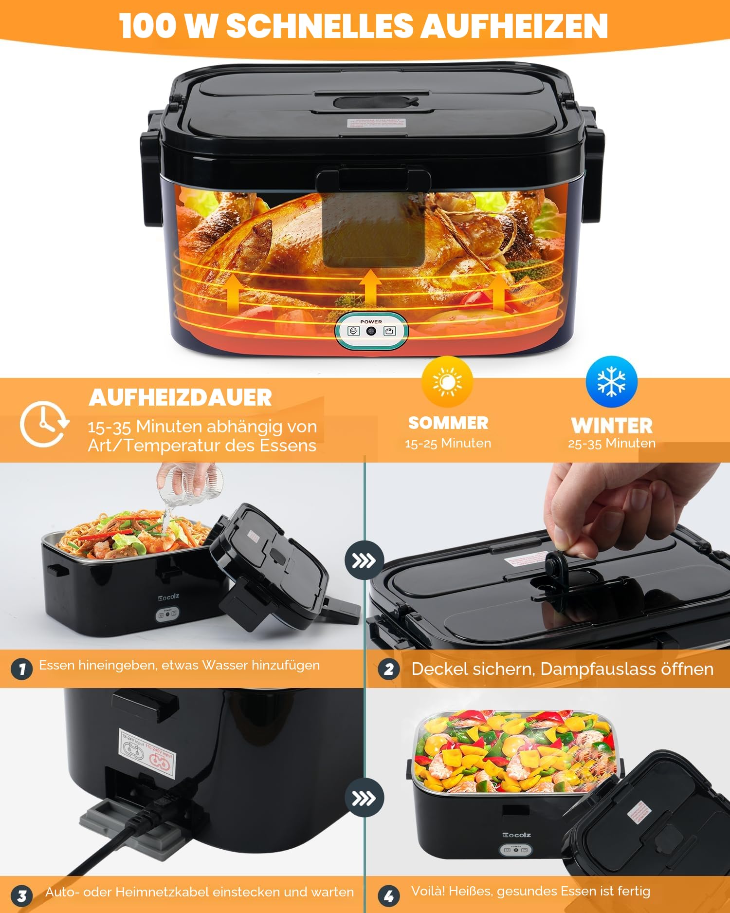 Eocolz Elektrische Lunchbox Food Heater 100W, Speisenwärmer mit Doppelbehälter 1,8L Tragbare Beheizte Lunchbox für Auto LKW Arbeit Edelstahl Gabel & Löffel 12/24/110V für Erwachsene