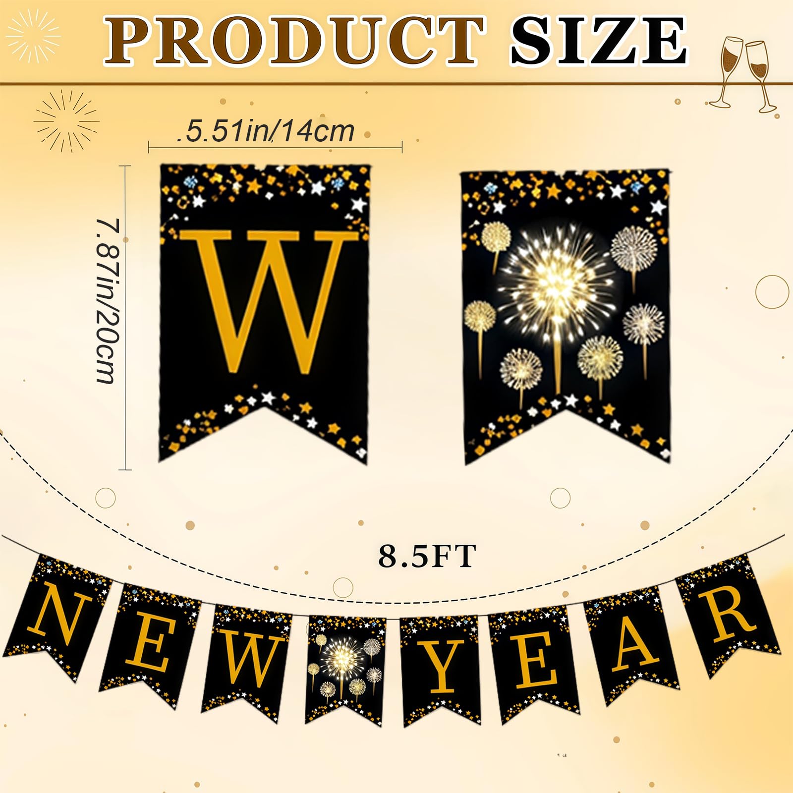 Happy New Year Banner, Black Bunting with Gold Alphabet for New Years Eve Decorations 2026, Colour - Image 2