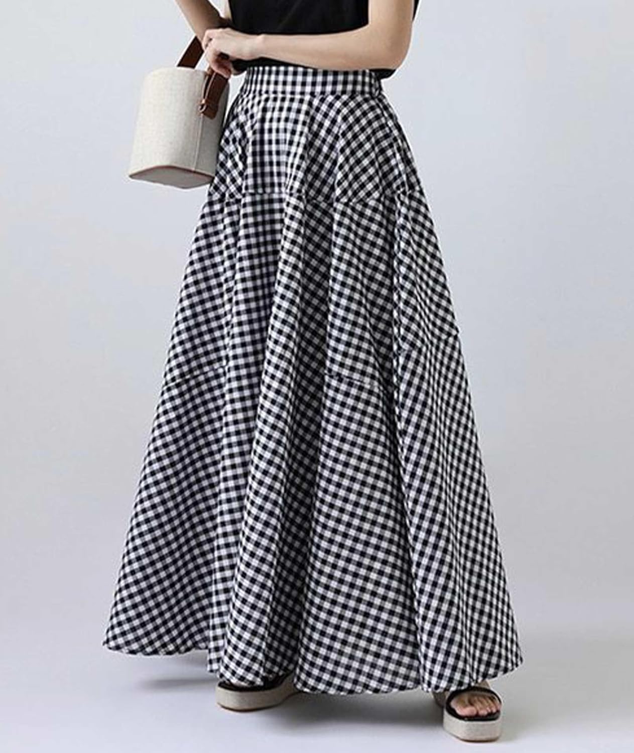 SOMTHRON Women's Retro Plaid Maxi Skirt A Line Pleated Flared Elastic High Waisted Gingham Summer Swing Long Skirt - Image 4