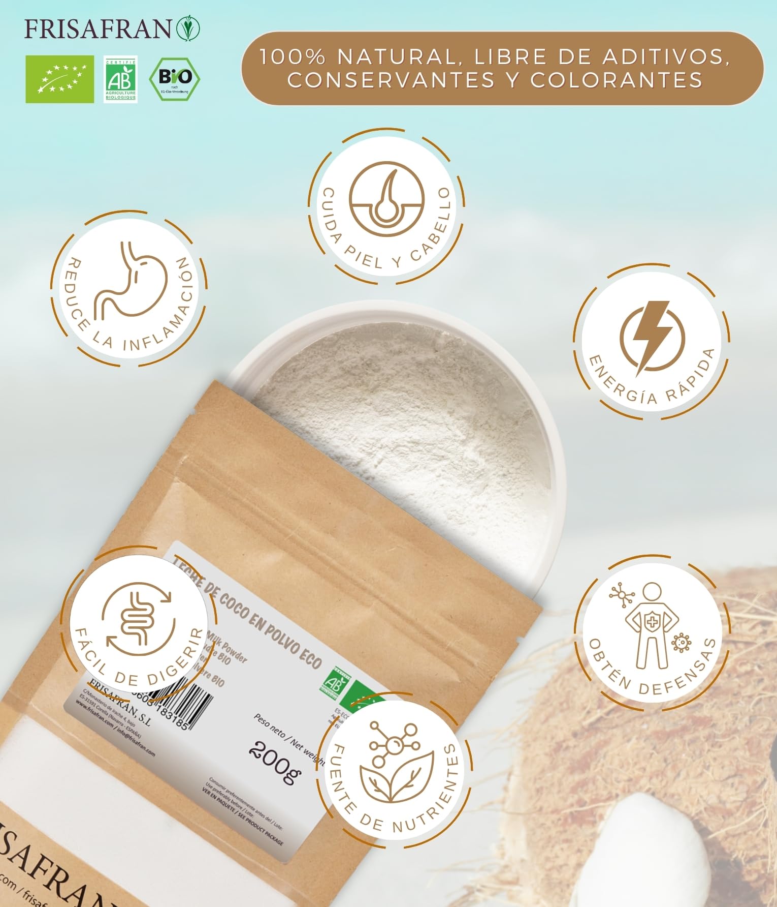 Leche de coco orgánica en polvo 100g Bio sin azúcar sin gluten vegana