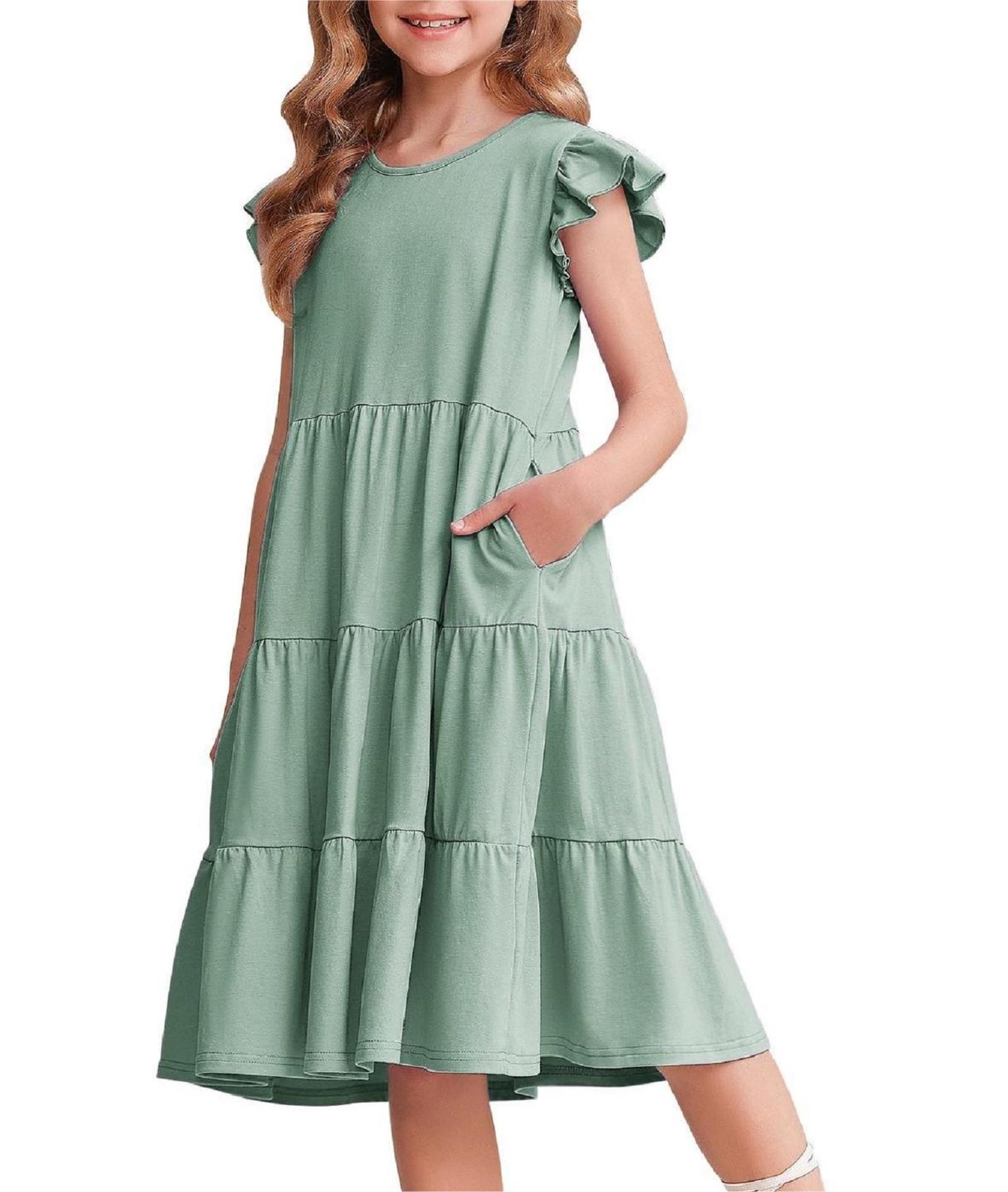 Arshiner Mädchen Sommer Kleid Rüschenärmel Kinder Baumwolle Freizeitkleid Rundhals Kurzarm Swing Festliches Kleider für Mädchen 4-14 Jahre