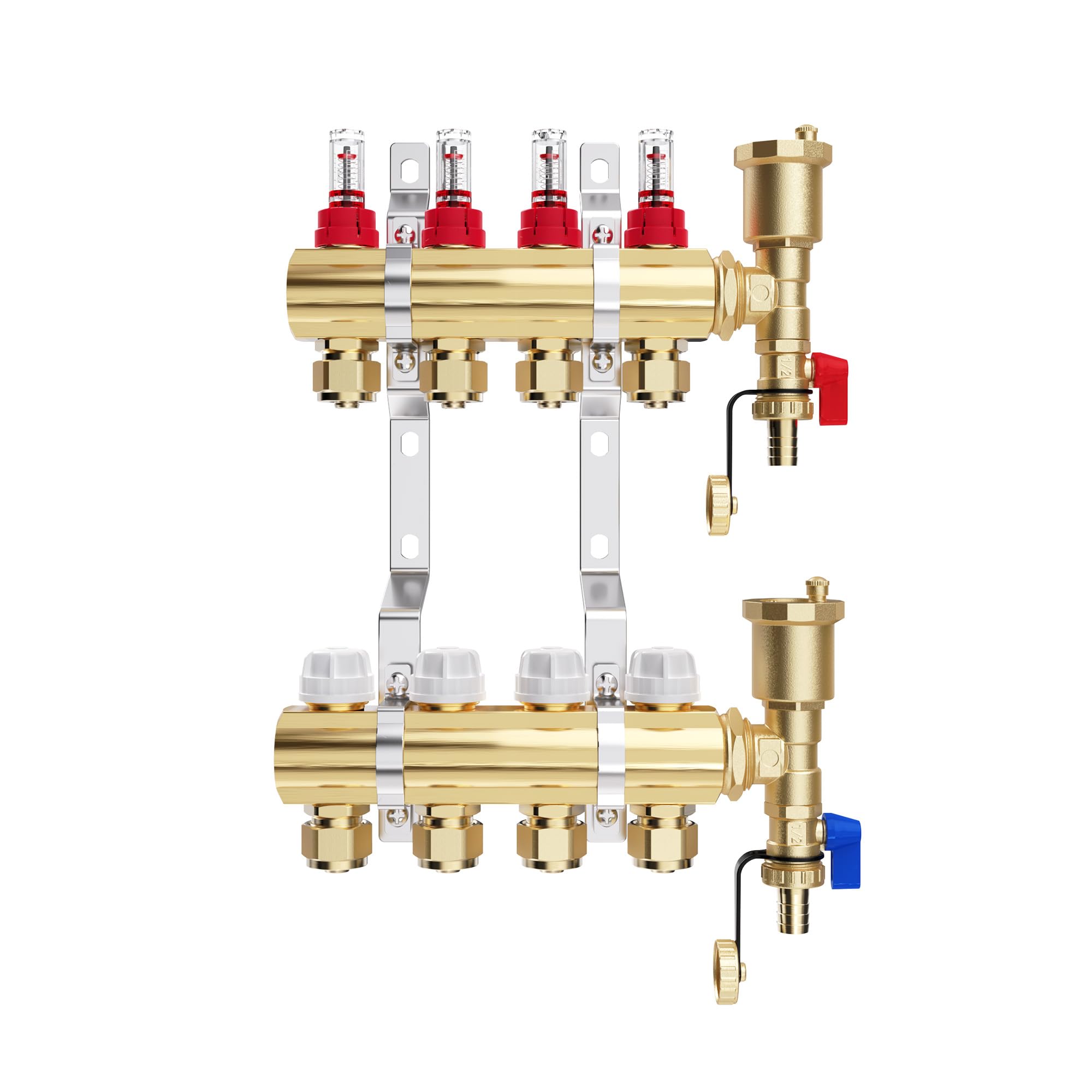VANCOCO Collettore Pavimento Riscaldatore in Ottone per 4 Circuiti con Raccordo Eurokonus 16 × 2 mm, Collettore per Riscaldamento con Flussometri Kit di Spurgo Rapido