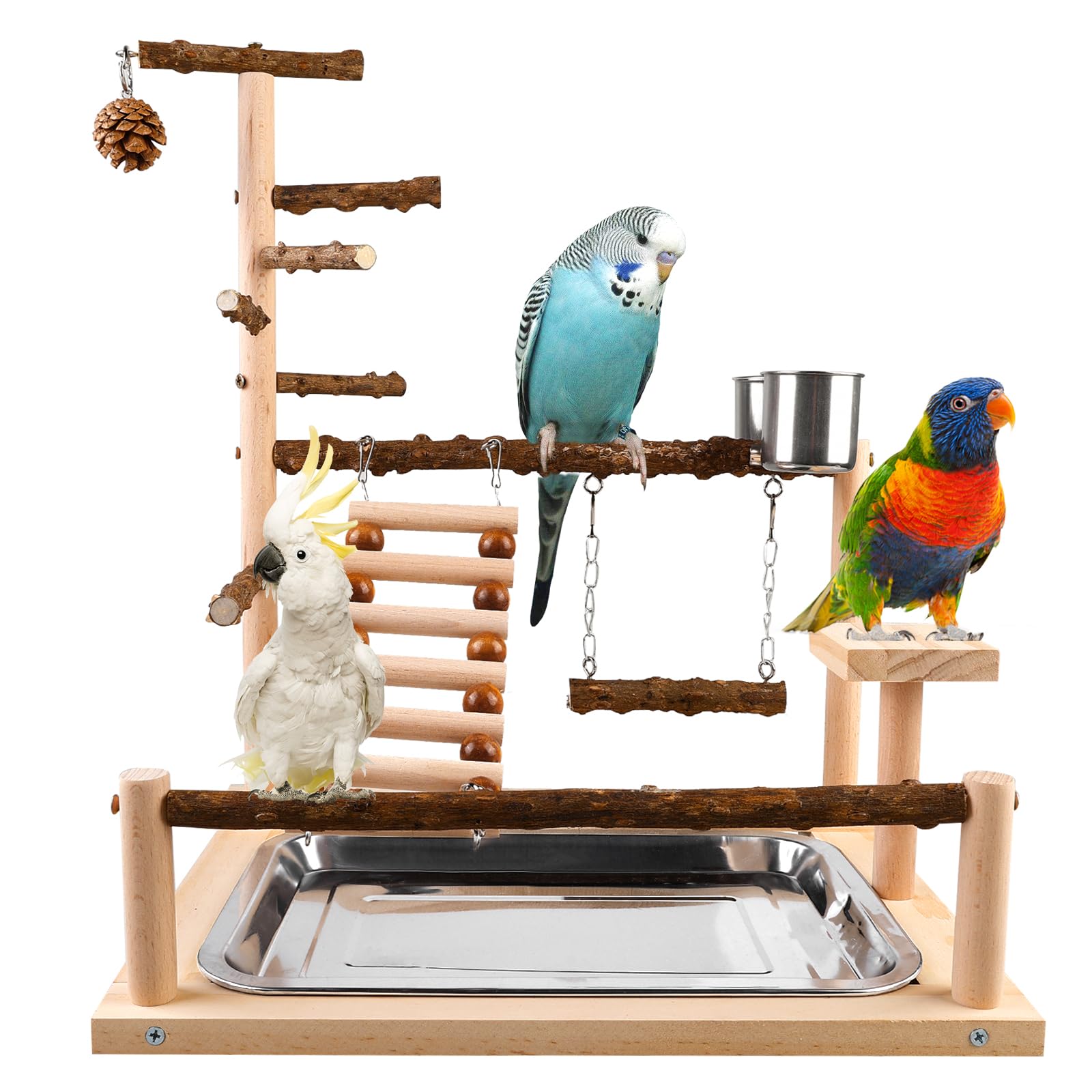 Parco giochi per uccelli, parco giochi per pappagalli con tazza e vassoio, giocattolo per pappagalli, parco giochi per uccelli, pappagalli in legno (45 x 37 x 26 cm)