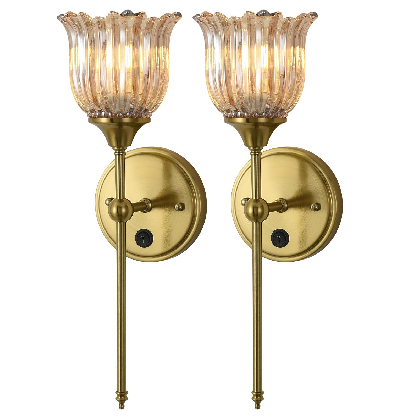 Photo 1 of BOXCUPIN Modern Wall Sconces Set of 2 with Amber Flower Glass Shade, Mid Century Bathroom Vanity Wall Light Fixtures Gold Vintage Wall Lights with Switch for Mirror Bedroom Living Room