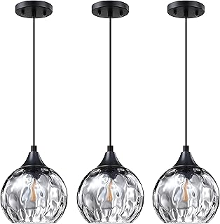 3 Pack 1 Light Hanging Indoor Kitchen Island Pendant Light 6.3" Grey Hammer Glass Pendant Ceiling Light Fixtures Black Finish Modern Farmhouse Dinning Over Sink(Adjustable Height Cord)
