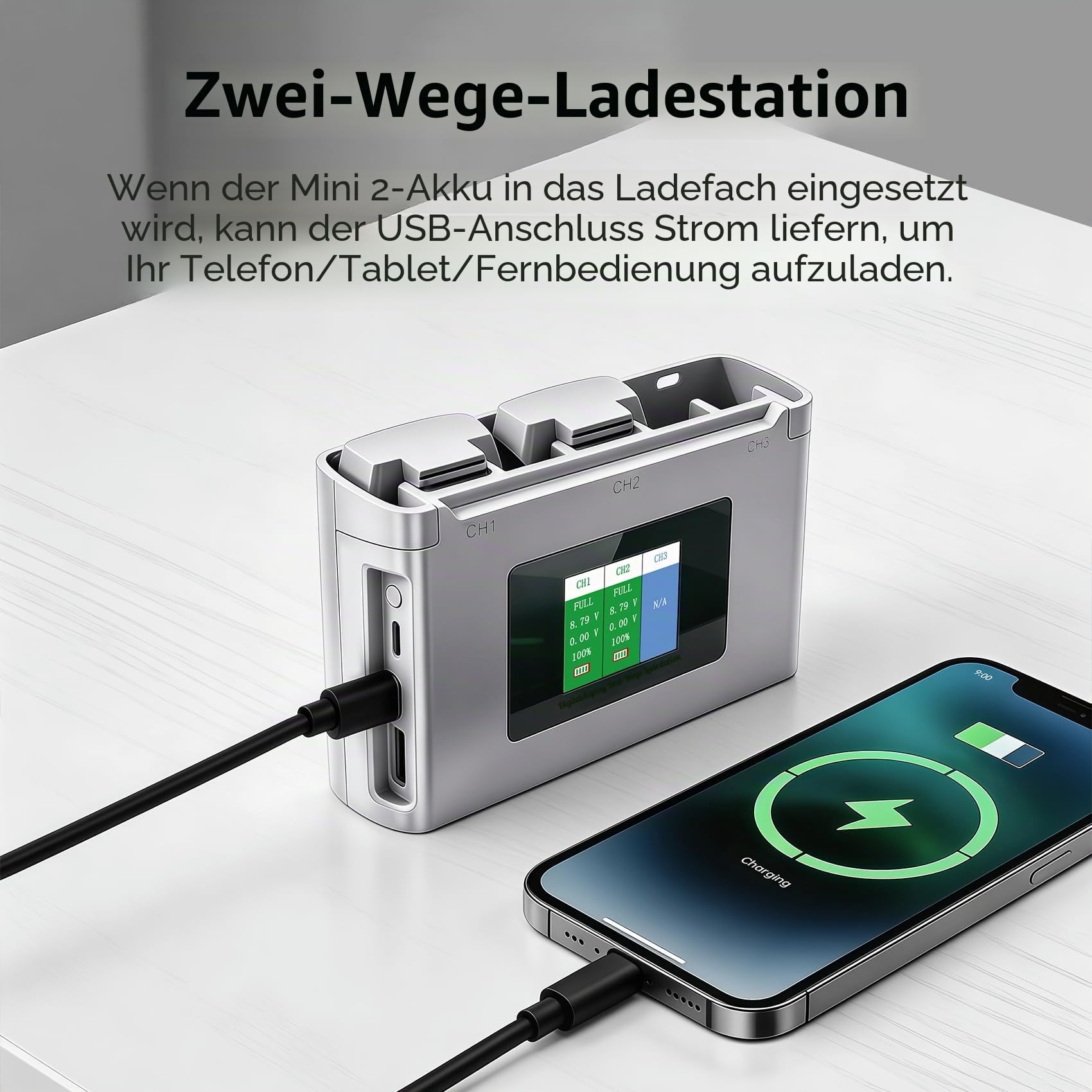 Mini 4K Akku Ladegerät Set 2 intelligente Mini 4K Flugakkus (2400 mAh) × 2 und EIN bidirektionaler 3 Fach Ladehub mit LCD Display × 1 Kompatibel mit DJI Mini 2/SE/2 SE/4K Drohnen