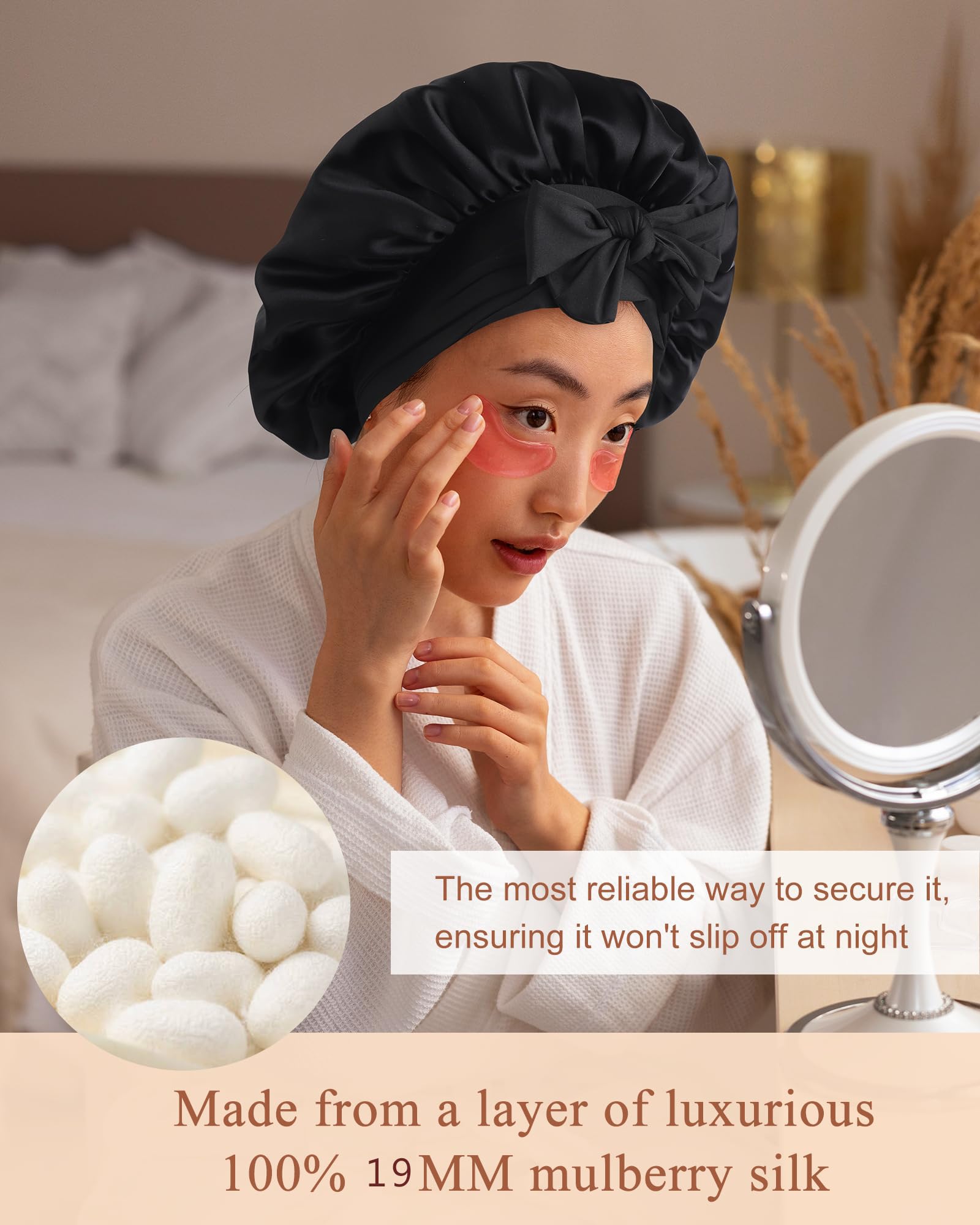 100% Silk Bonnet for Sleeping 19 Momme Pure Mulberry Silky Hair Wrap with Tie Band Stay On Head - Image 2