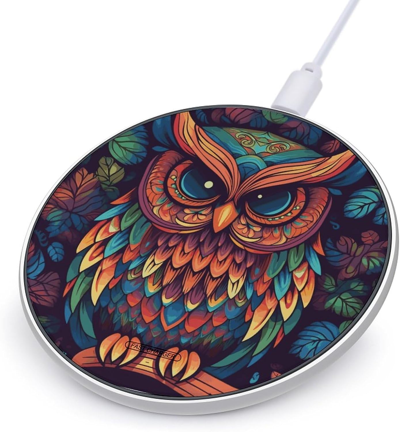 Color Owl Pattern Wireless Charging Pad with USB Cable 10W Magnetic Wireless Charger Fast Charging Pad Portable Slim Charger Puck Lightweight Travel Chargings Station