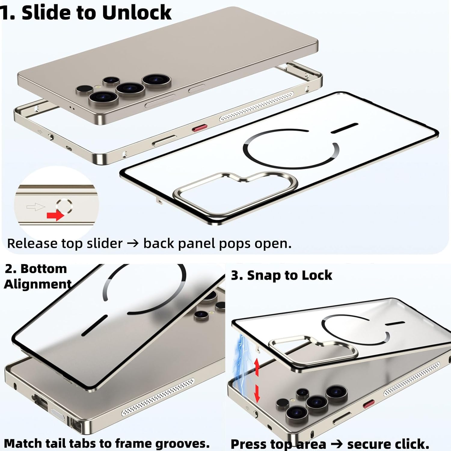 Metal Case for Samsung Galaxy S25/S25+ (S25 Plus)/S25 Ultra, Slim Aluminum Alloy Frame with Matte Frosted Back, Magnetic Wireless Charging Support & Slide-Lock Detachable Cover(Silver,S25)