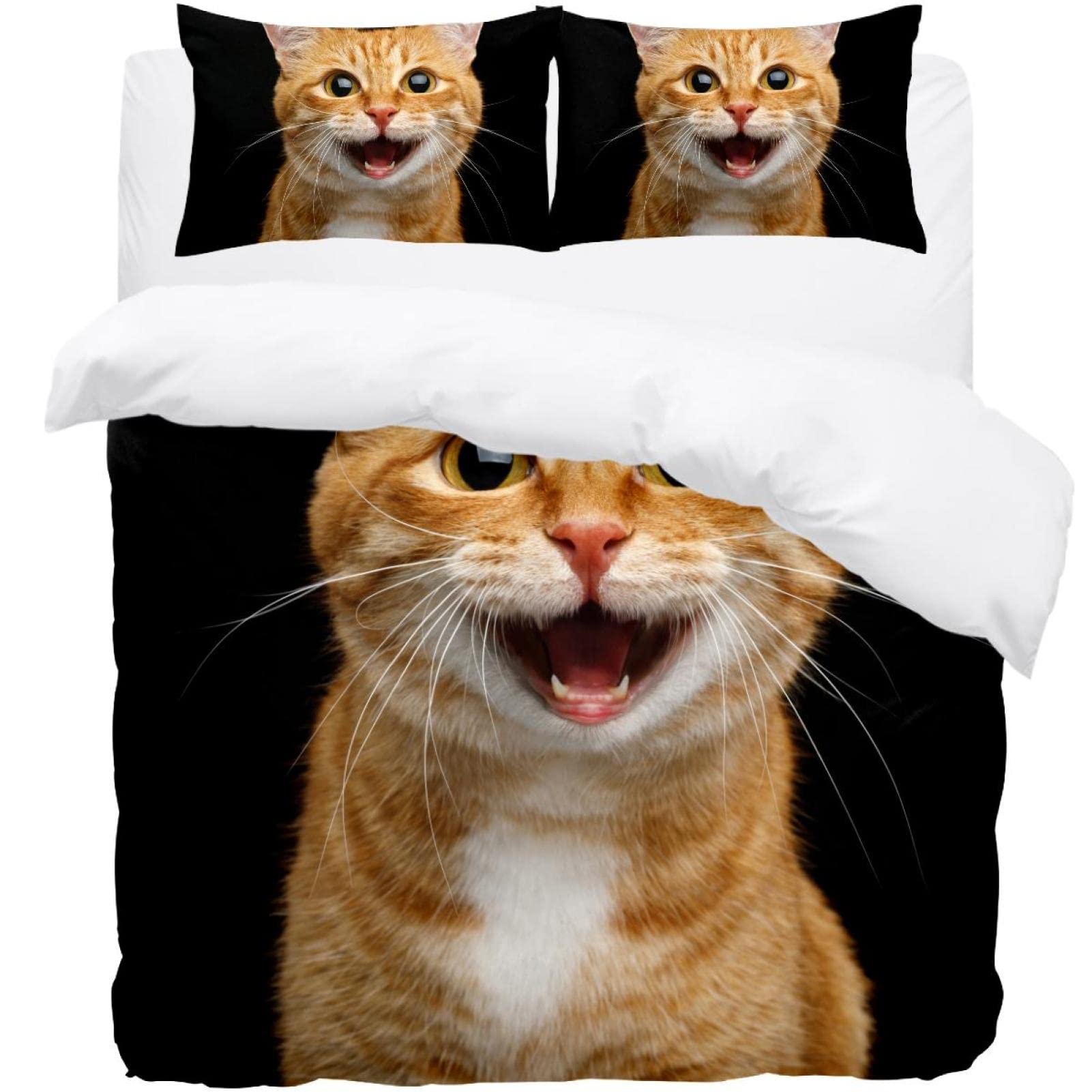 Parure de lit chat orange 3 pièces avec housse de couette simple et 2 taies d'oreiller douces