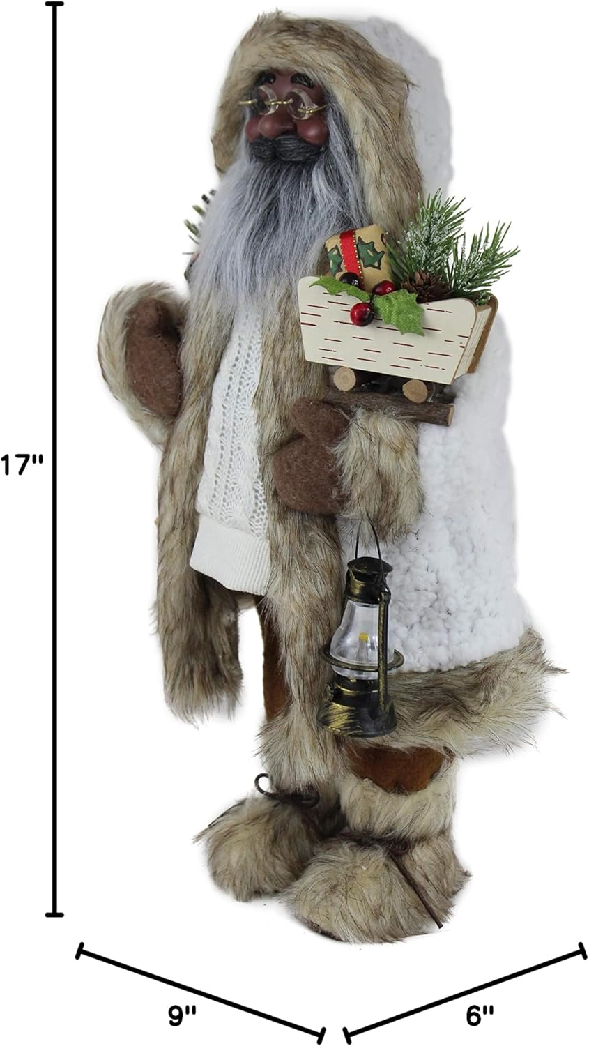 Windy Hill Collection 16" Inch Standing Fleece and Cable Knit Woodland Ethnic African American Santa Claus Christmas Figurine Figure Decoration 167200A
