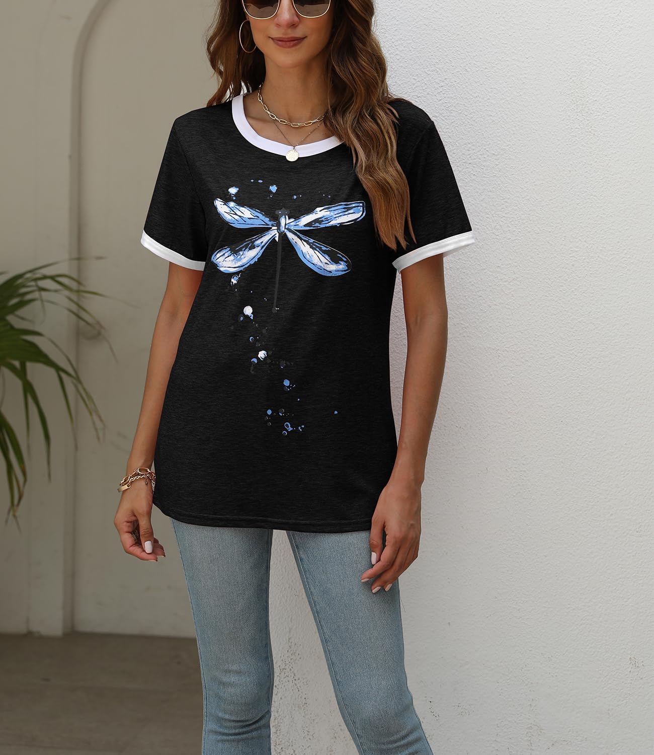 Women's Graphic Tees Casual Summer Funny Dragonfly Printed Short Sleeve Cute T Shirts Tops - Image 2