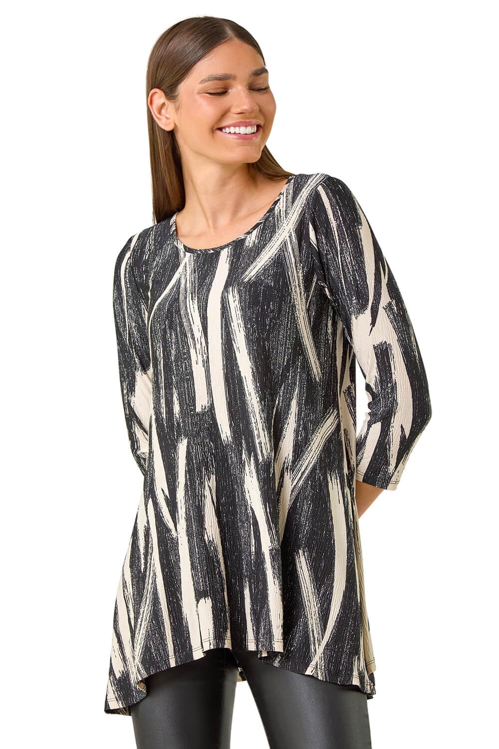 Roman Women's Brush Print Hanky Hem Stretch Tunic Top in Beige | Size: 14