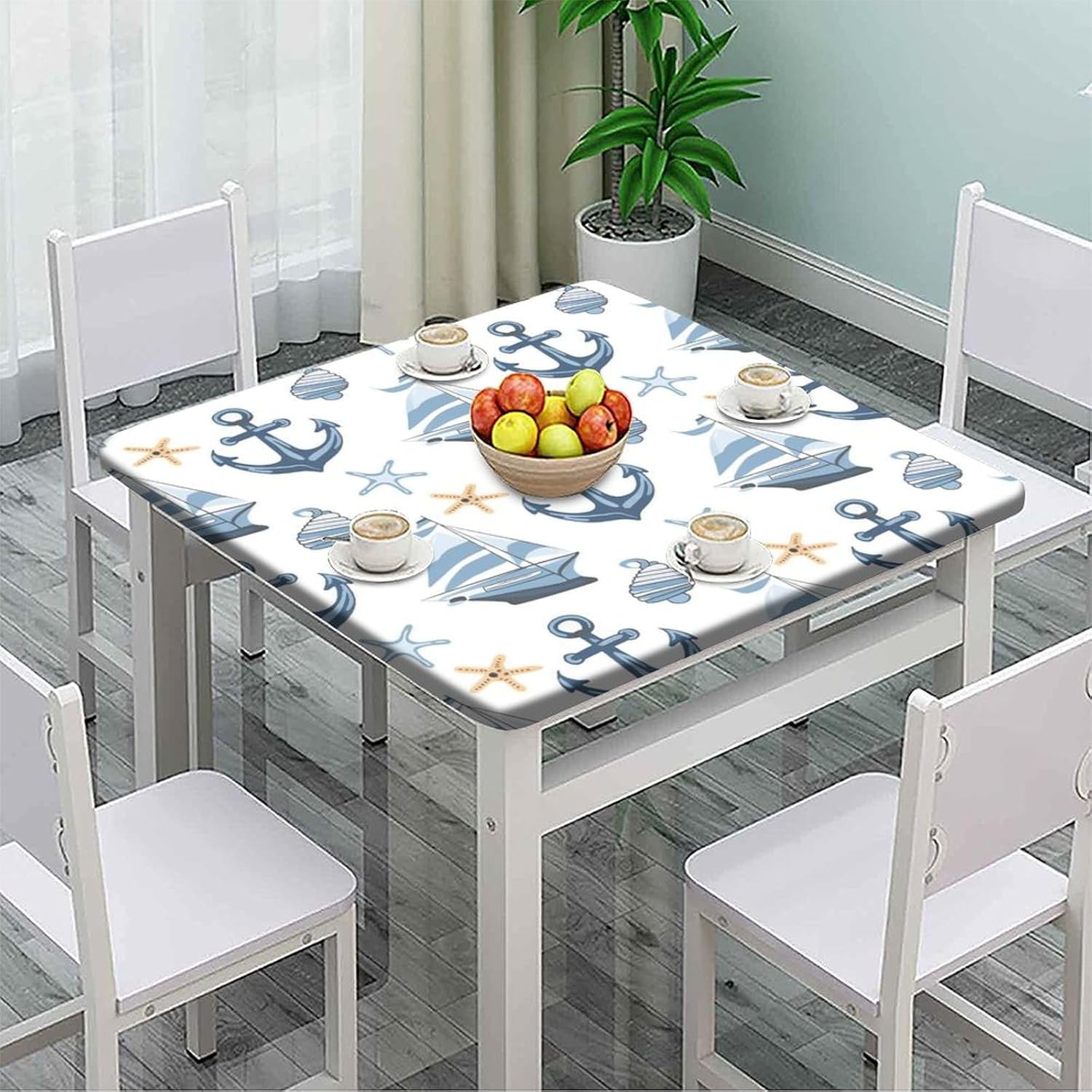 Elastic Edge Square Fitted Tablecloth, Anchor and Starfish Pattern Polyester Table Cover, for Outdoor Patio and Indoor Kitchen Dining Party, Fit for 44" x 44"Square Table