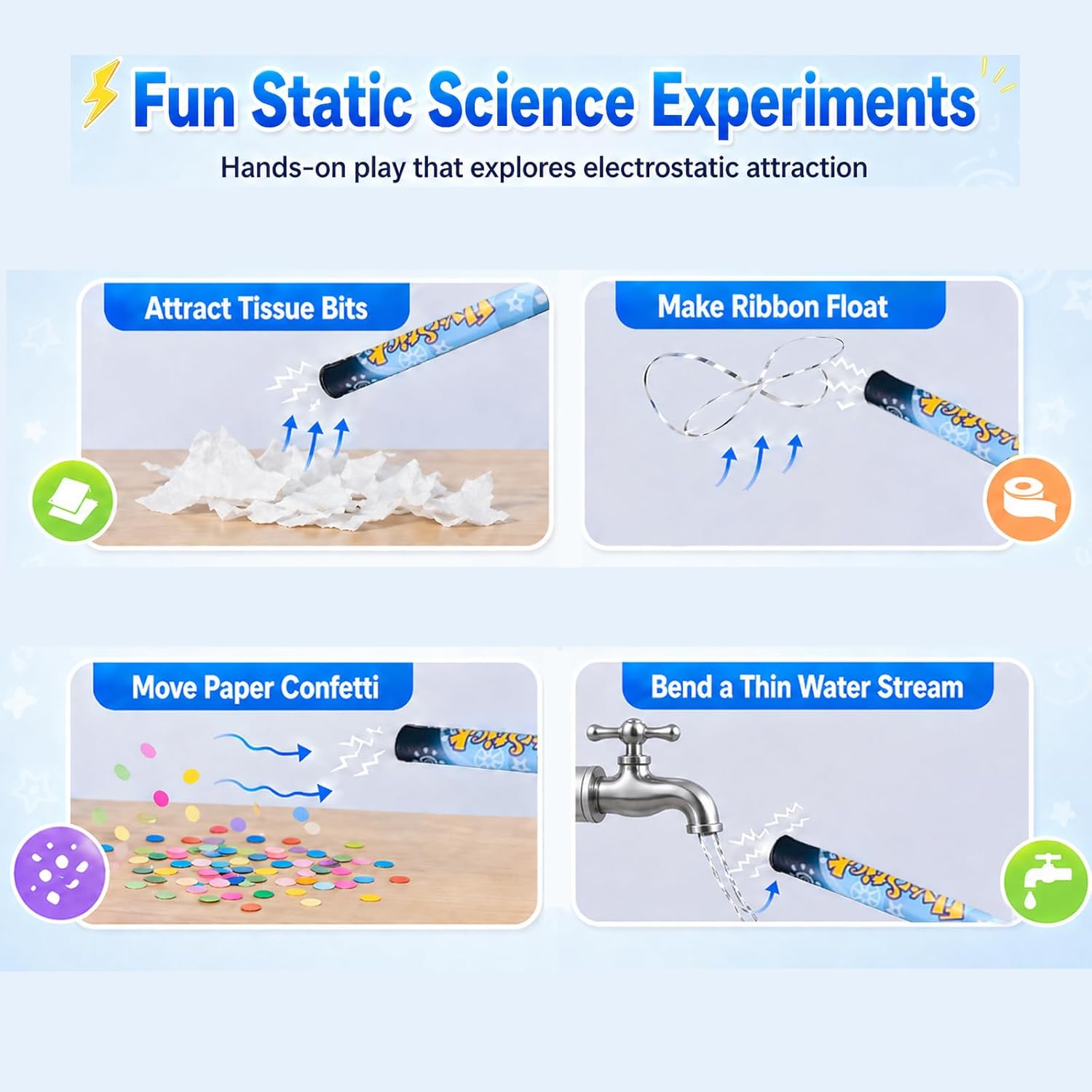 Fun Fly Stick Electric Static Wand Science Kit Education Toys Magic Levitation Wand 10 Flying Shapes Suspension Stick Learning Toys(Blue)