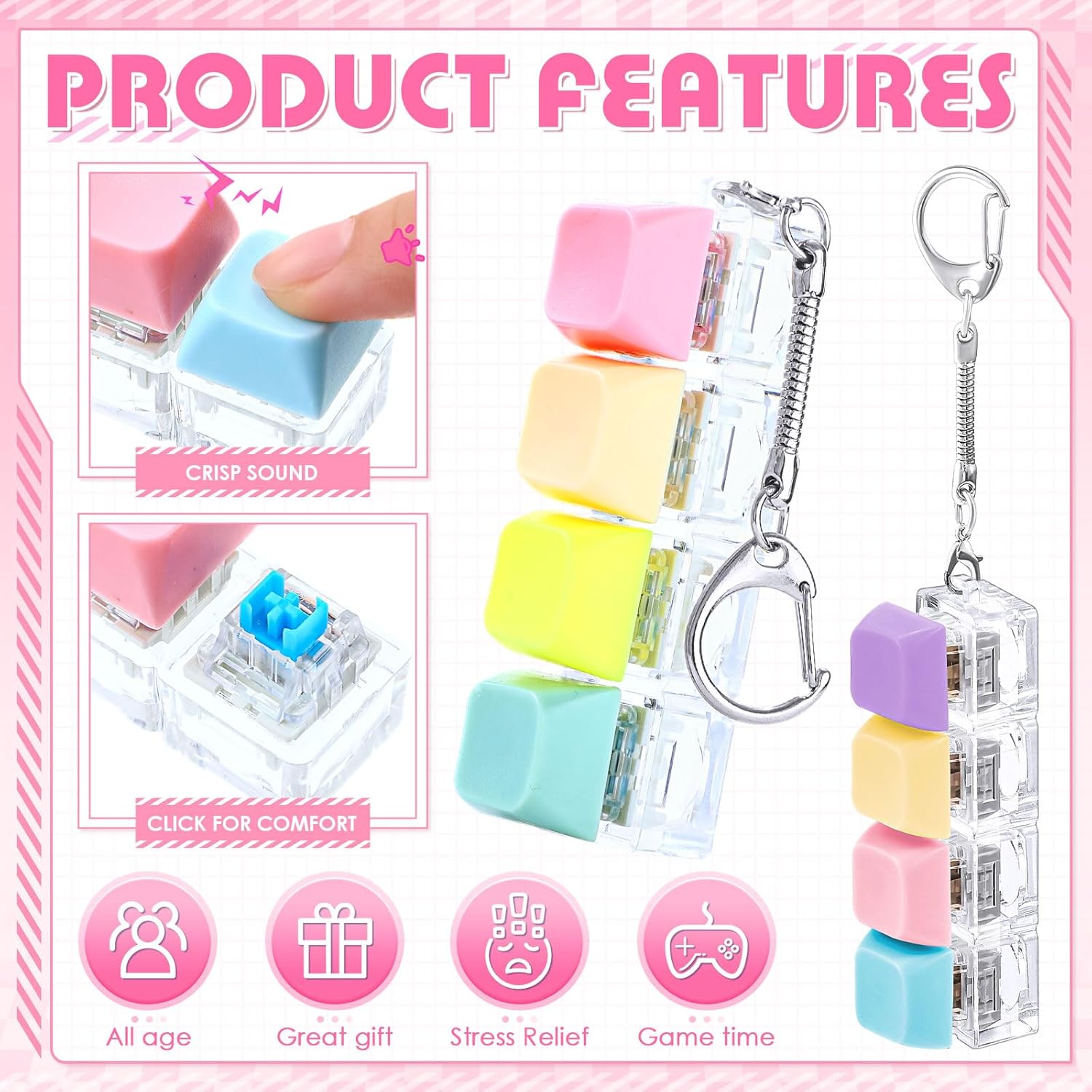 Halloscume 4 Pcs Keyboard Adult Fidget Clicker 4-in-1 Keyboard Fidget Keychain Cube Mechanical Key Button Clicker Stress Relief Gift for Office Home to Pass The Time (Pastel Colors)