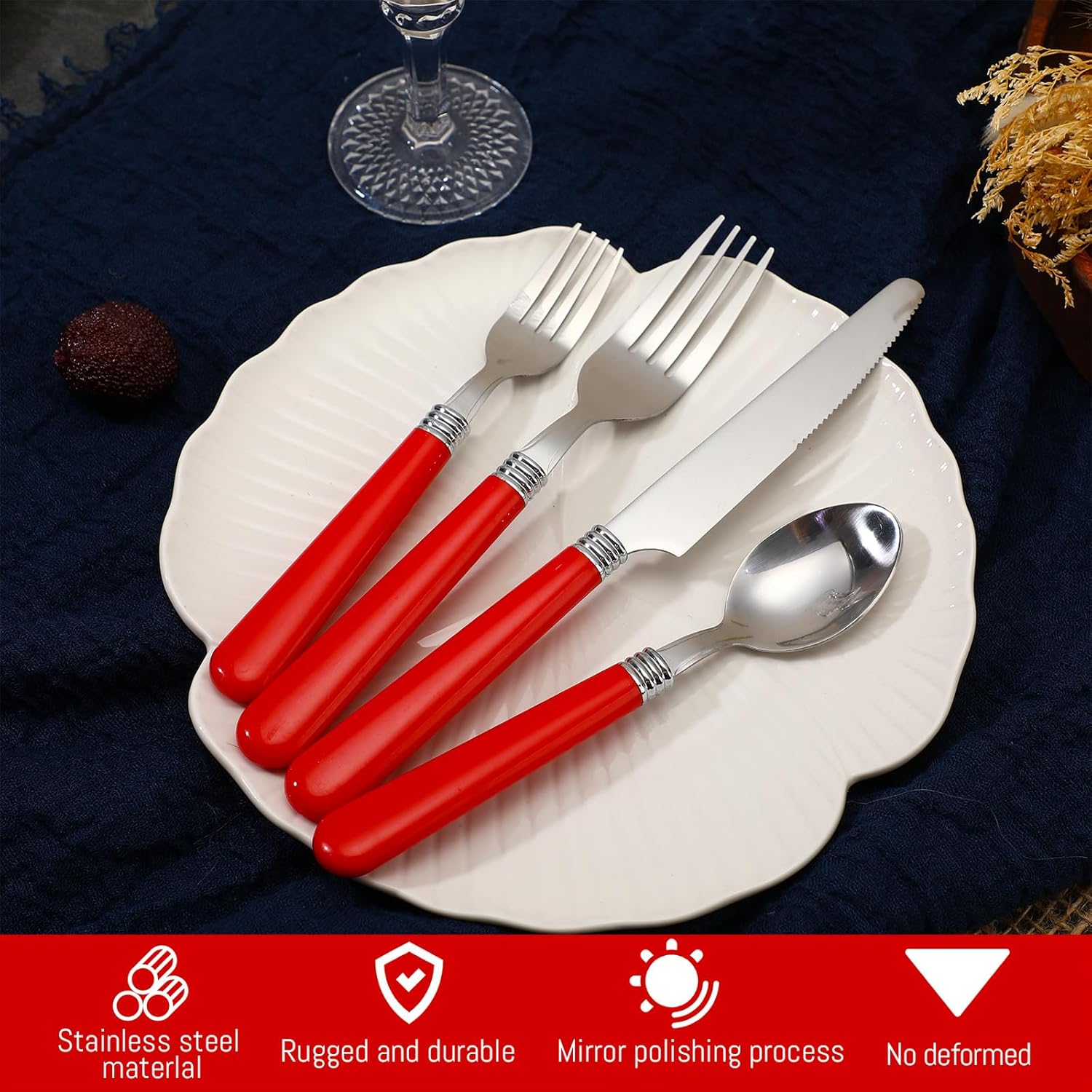 Sabary 40 Pcs Handle Silverware Stainless Steel Sets for 8 Flatware Cutlery with Colored Handles 8 Dinner Knife, 8 Dinner Fork, 8 Salad Fork, 8 Dinner Spoon, 8 Dessert Spoon for Home(Red)