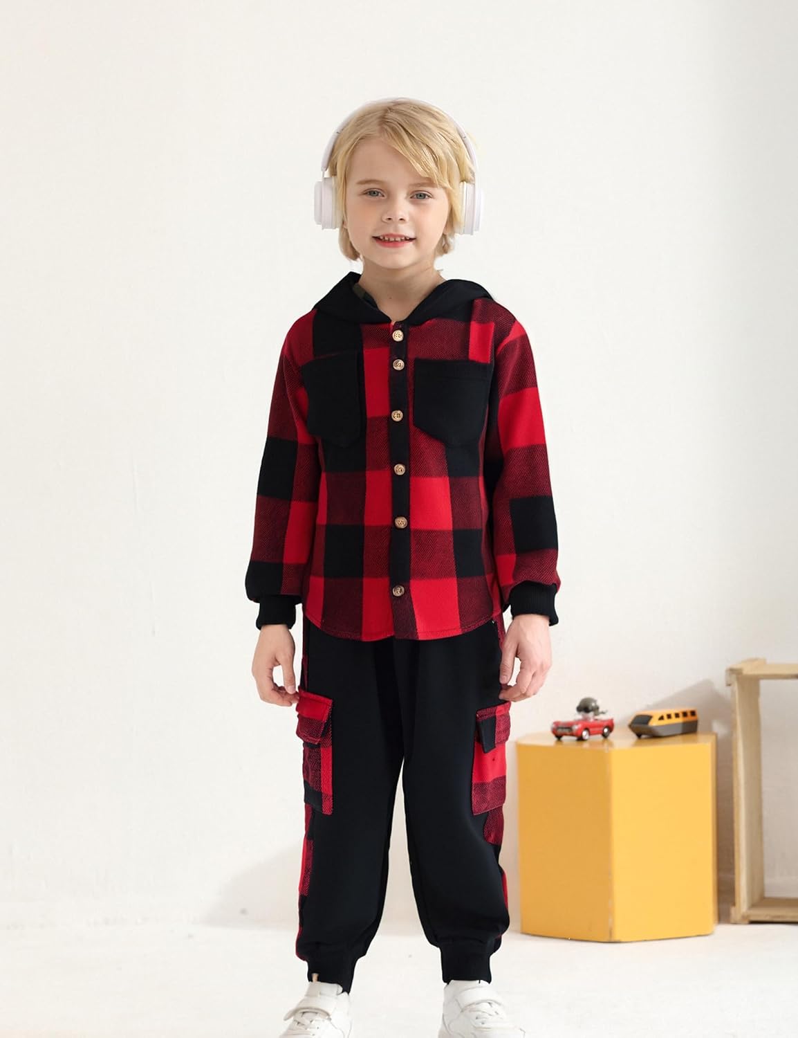 Boy Clothes Flannel Plaid Shirt Tops Pants Set Hoodie Sweatsuit+White T-shirt 3Pcs for Fall Winter Spring Outfits